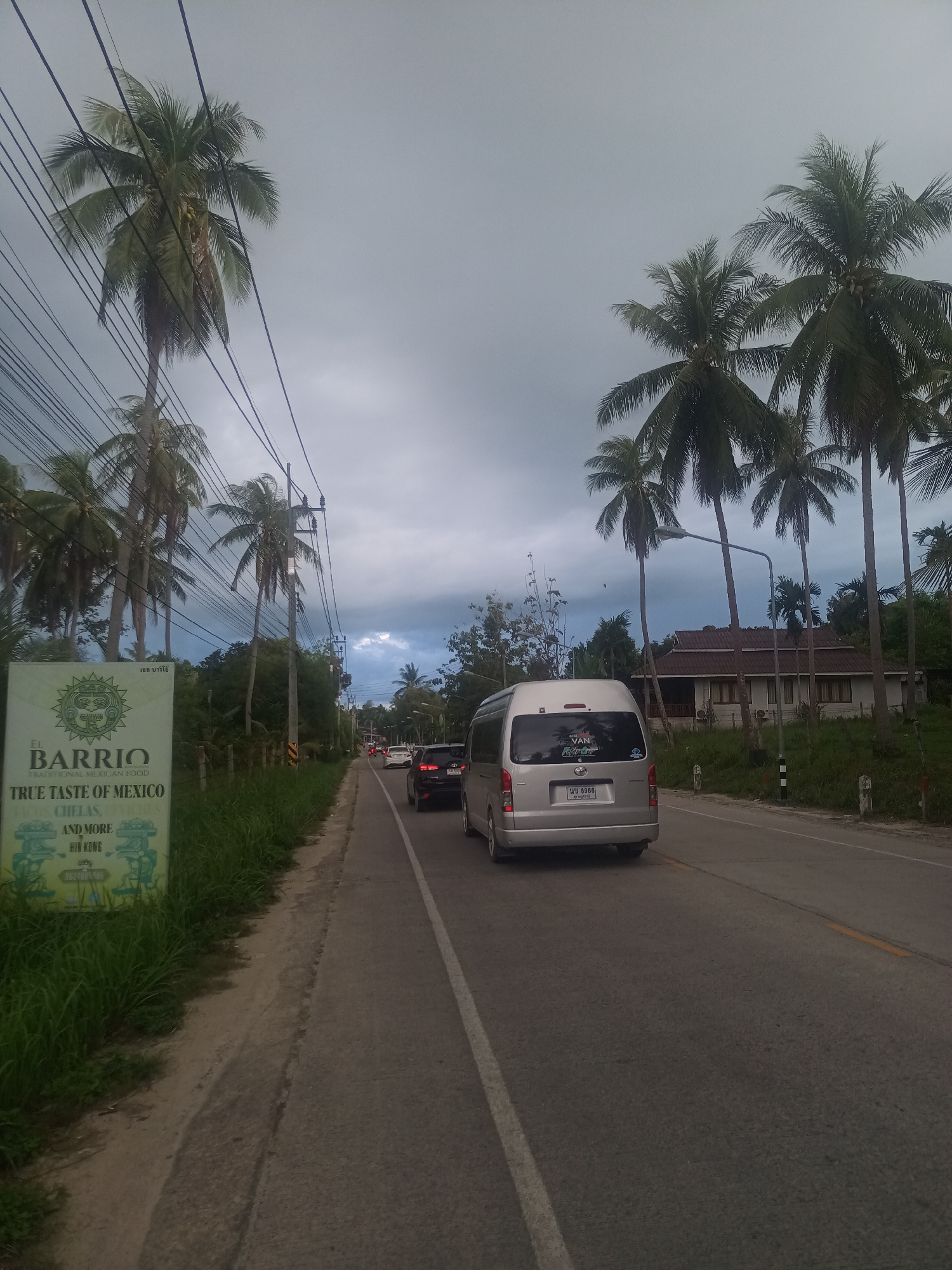 The image depicts a street scene in Moo 4, Thailand, characterized by a road lined with palm trees. A sign for "El Barrio, True Taste of Mexico" is visible on the left side of the road. A silver van is driving on the road, followed by a dark-colored car and other vehicles in the distance. The sky is overcast. A house can be seen behind the palm trees to the right. Power lines run alongside the road.