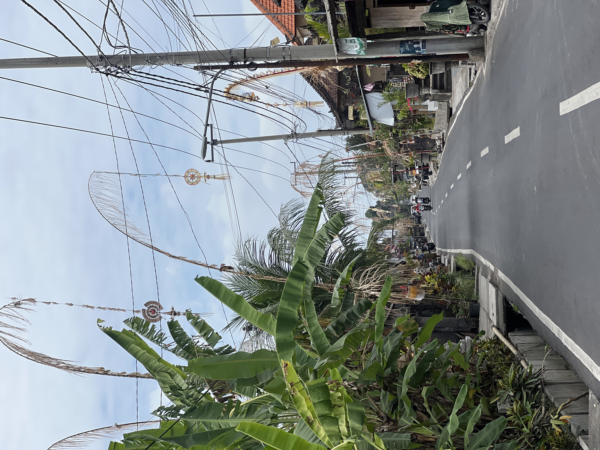 In Sukawati, Indonesia, a paved road runs through a residential area lined with buildings and lush vegetation. Banana trees and palm trees are prominent on the left side of the road, with their large leaves cascading over a concrete drainage ditch. On the right side, buildings with traditional tiled roofs and ornate doorways are visible, some with potted plants and decorative elements. Various decorative banners and ornaments, possibly for a festival or ceremony, hang from poles and power lines, adding a festive touch to the scene. Several motorcycles are parked along the roadside, and a few people are walking or standing near the buildings. The sky is overcast, suggesting a cloudy day. The road has white dashed lines indicating lanes and a white line along the edge. The overall impression is of a vibrant and culturally rich street scene.