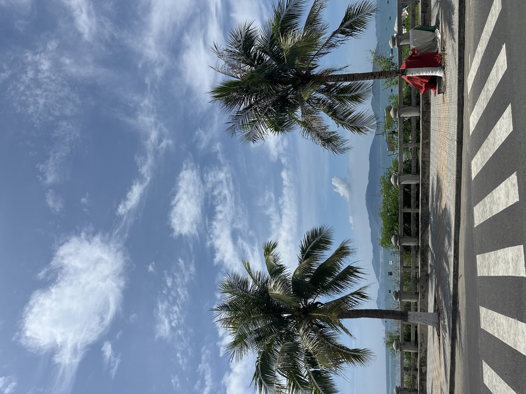 The image depicts a scene in Bac Nha Trang Ward, Vietnam, with a focus on a coastal promenade. Two prominent coconut palm trees stand tall against a bright blue sky dotted with wispy white clouds. In the foreground, a pedestrian crossing with white stripes is visible on an asphalt road. Behind the road, a paved sidewalk runs alongside a low, concrete-and-stone fence. Beyond the fence, lush green foliage lines the promenade, leading to the calm, blue ocean. In the distance, a range of hazy mountains can be seen, with a few boats scattered across the water. Two figures, partially obscured by red and green fabric draped around the base of the right palm tree, are present on the sidewalk. The overall atmosphere is that of a sunny, tranquil coastal day.