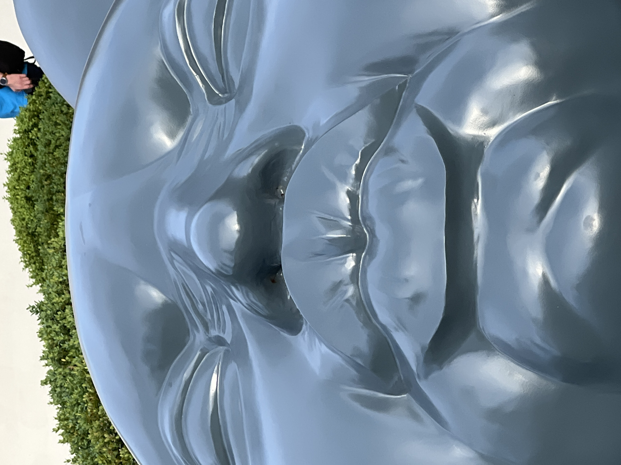 The image shows a close-up view of the face of a large, gray, glossy sculpture. The sculpture has exaggerated features, including plump lips and closed eyes. To the left of the sculpture is a person partially visible with a blue jacket and black wristwatch and camera. The background includes a green hedge-like structure. The sculpture is located in Krasnodar, Russia.