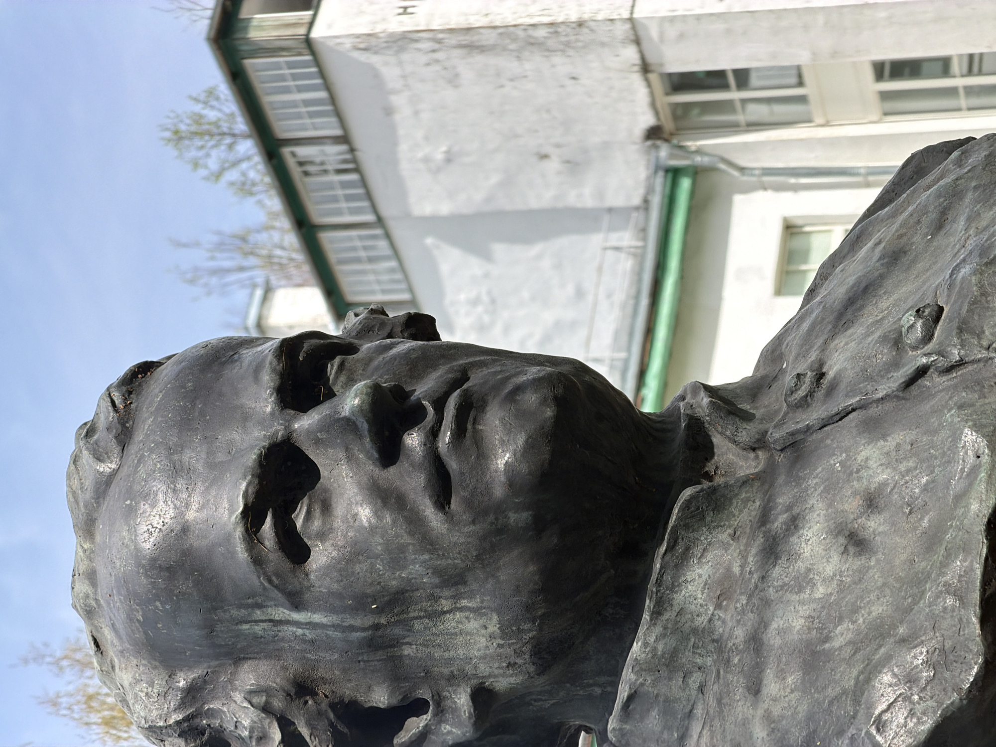 A low-angle, close-up shot of a dark metal sculpture of a human head in an outdoor setting. The head, with deeply recessed eyes and distorted features, appears to be tilted back. The rough, textured surface of the sculpture contrasts with the smooth, overcast sky visible in the background. Behind the head, slightly out of focus, is a two-story white building with multiple rectangular windows and a green stripe. The location is the city of Pavlovo, Russia.