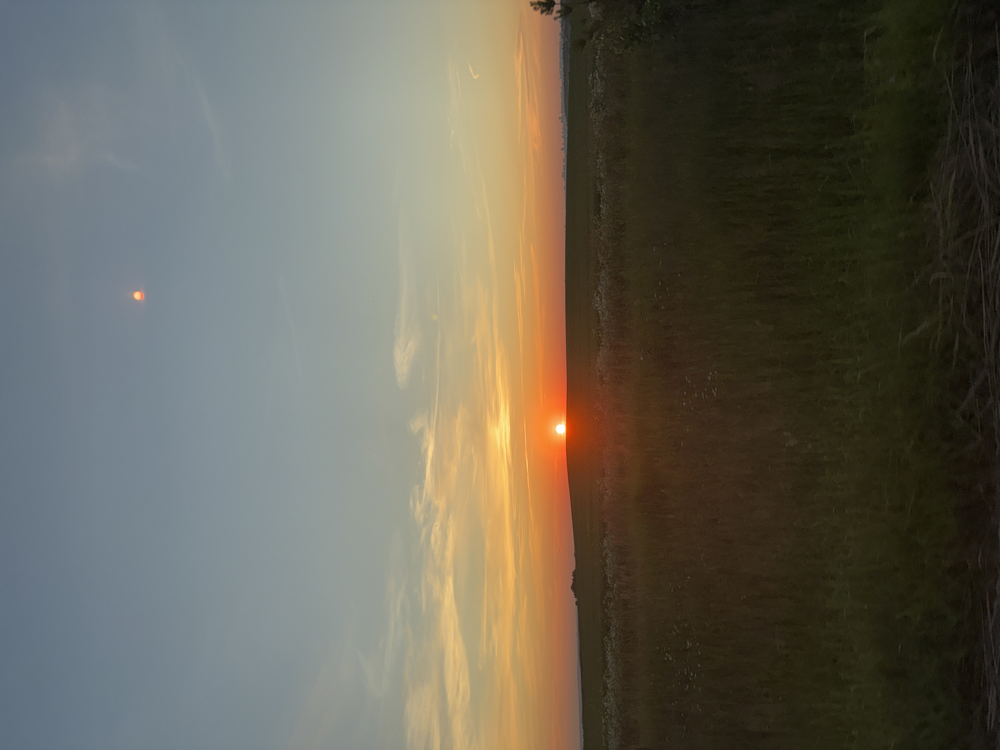 The image depicts a sunset over a rural landscape. The sky is a gradient of blues and oranges, with scattered wispy clouds. The sun is a bright orange orb just above the horizon, casting a warm glow over the scene. In the foreground, a grassy field stretches out, with some small white wildflowers visible. In the distance, a faint silhouette of a city skyline can be seen. The image does not contain any people, actions, or interactions. The location is stated to be Zav'yalovo, Russia.