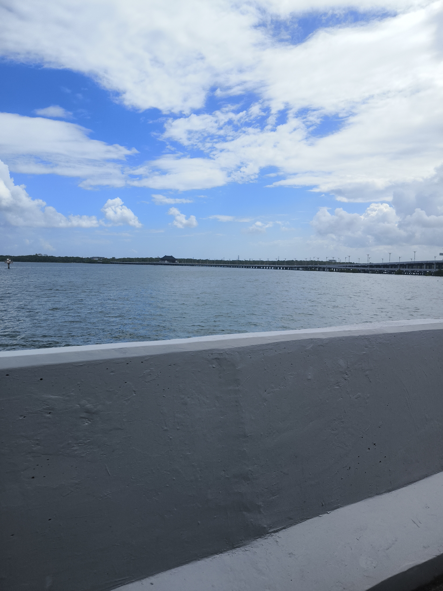 This image captures a wide, scenic view of a body of water under a cloudy sky. The foreground is dominated by a textured, light gray concrete barrier, suggesting a vantage point from a bridge, pier, or elevated walkway.
Beyond the barrier, the expansive water stretches towards the horizon, appearing somewhat choppy with ripples. In the distance, a long, elevated structure, likely a bridge or causeway, spans across the water, dotted with numerous lampposts. The structure appears to be carrying traffic, though no vehicles are clearly discernible from this distance. A faint line of trees and some buildings are visible along the distant shoreline.
The sky is a mix of bright blue patches and large, fluffy white clouds, indicating a partially sunny day. The overall lighting suggests it is daytime, likely late morning or early afternoon, with diffused sunlight due to the cloud cover. There are no people or overt signs of activity visible in the scene, creating a sense of calm and stillness. The location context provided is Kuta Selatan, Indonesia, which could imply a tropical or coastal environment. There is no visible text in the image.