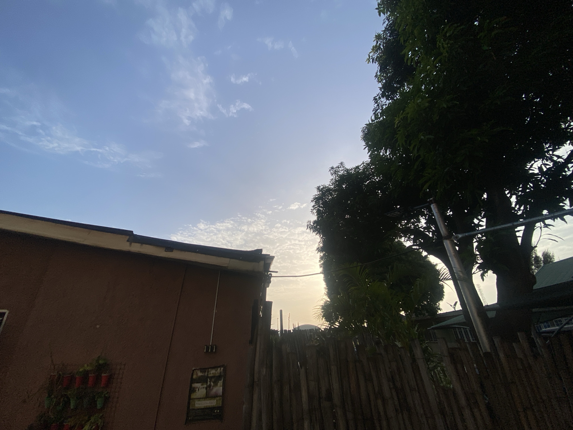 The image captures a view of a brown building and a wooden fence in Barden Yana, Nigeria. The building, on the left, has a cream-colored overhang and a vertical planting system with red pots containing plants. A poster is affixed to the wall near the bottom right of the building. To the right of the building, a rustic wooden fence made of vertical bamboo-like poles extends across the frame. Behind the fence, lush green trees dominate the right side of the image, with their dense foliage obscuring parts of the background. The sky above is a pale blue with scattered wispy clouds, and the sun is visible as a bright, hazy glow near the horizon, suggesting either sunrise or sunset. In the distance, beyond the trees and fence, rooftops of other buildings and a tall pole are faintly visible.