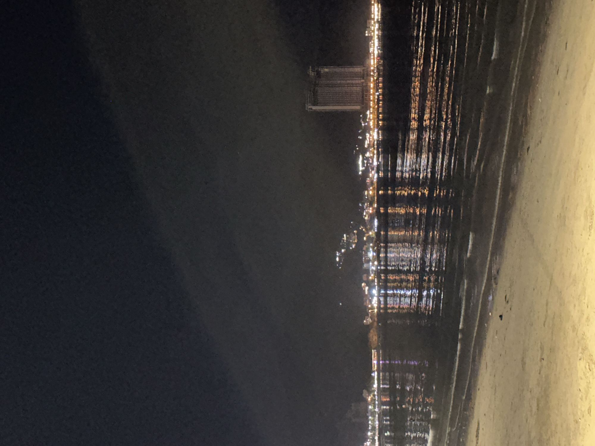 This is a nighttime photograph of a beach and the ocean in Nha Trang, Vietnam. The image is oriented vertically, with the beach on the right and the ocean on the left. The beach appears to be sandy and dimly lit, with some wet sand near the water's edge. The ocean is dark, reflecting the lights of a distant city or resort. The lights form vertical streaks on the water's surface, creating a shimmering effect.
In the distance, along the coastline, there is a cluster of buildings, including a tall, rectangular structure that appears to be a hotel or apartment building. Numerous lights from these structures are visible, indicating it is nighttime. The water near the buildings is choppy, and the lights are reflected in a broken pattern. The overall mood of the image is serene and somewhat mysterious due to the darkness and the reflections of light. The time of day is clearly night, and the weather appears to be calm, with no indication of rain or strong winds. The location is identifiable as Nha Trang, Vietnam, known for its beaches and coastal development. There is no visible text in the image.
