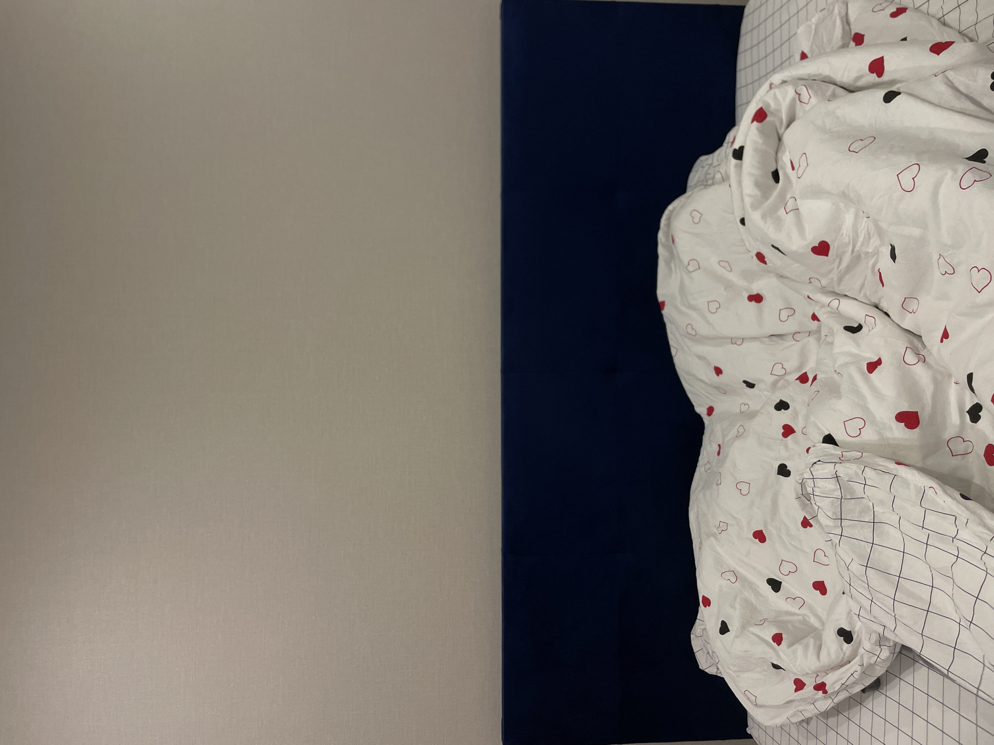 This overhead image presents a detailed view of a bed in a bedroom setting, located in Podshivalovo, Russia. The left side of the frame is dominated by a plain, light gray or beige wall. Separating the wall from the bed is a dark blue panel, likely a headboard or part of the bed frame, running vertically down the center.
The right side of the image features the bed itself, covered with white bedding. A rumpled duvet or comforter, adorned with a playful pattern of numerous red and black solid hearts, as well as red and black heart outlines, is prominently displayed. Part of a white sheet or pillowcase with a subtle grid pattern is visible beneath the duvet, particularly in the lower right corner.
No people are present in the image, and no specific activity is taking place, although the rumpled state of the duvet suggests it has either been recently used or is about to be used. The lighting appears to be artificial, offering no indication of the time of day or outdoor weather conditions. There is no visible text in the image. The overall scene conveys a sense of domesticity and comfort.