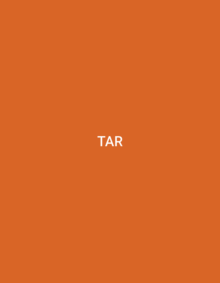 The image features a solid, uniform orange background. Centered horizontally and vertically on this background are three white, uppercase, sans-serif letters spelling "TAR." There are no other discernible subjects, objects, people, or environmental details present in the scene. The image is a minimalist composition focusing solely on text against a colored backdrop. This scene is located in the city of Casablanca, Morocco.