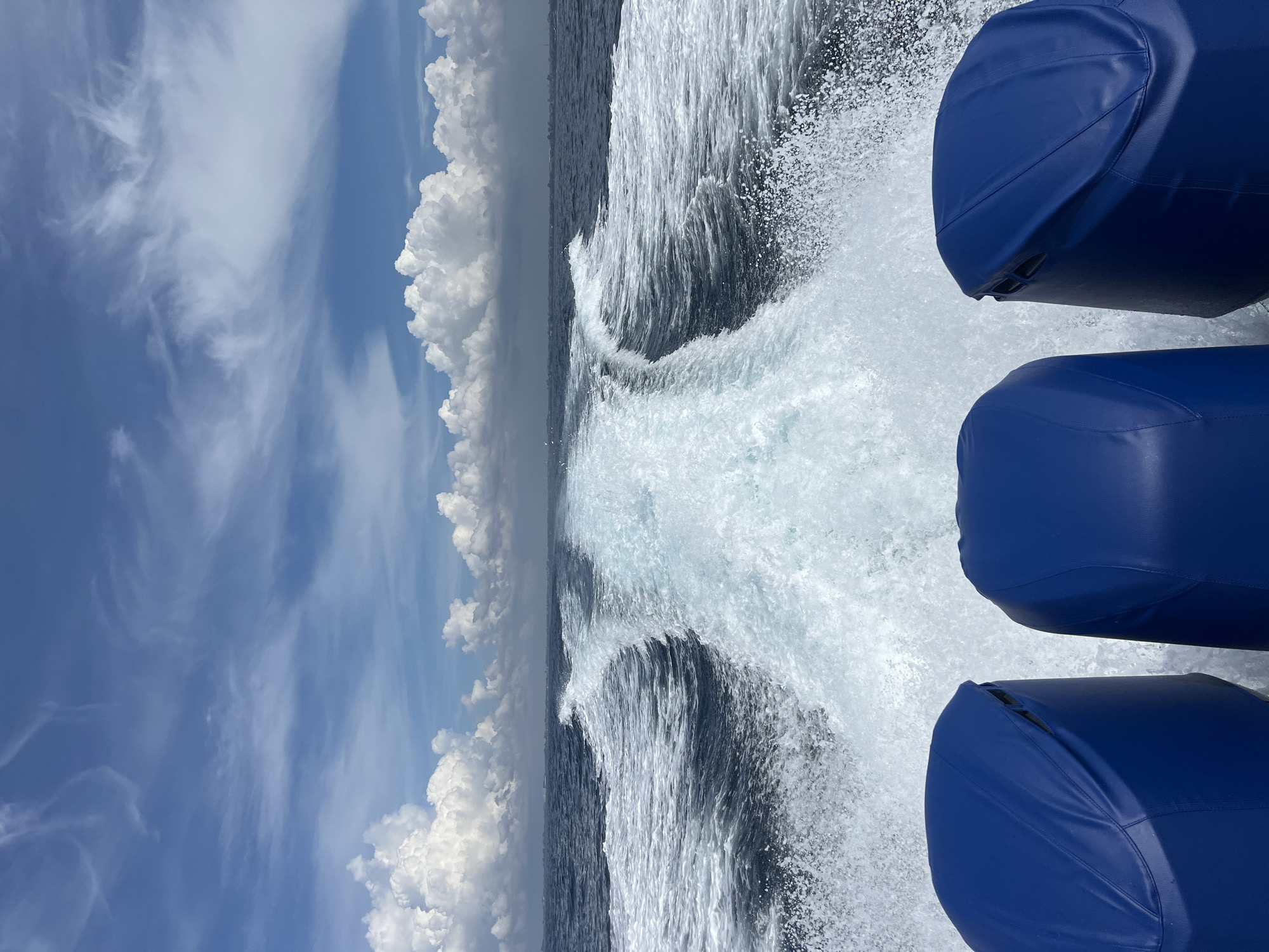 The image depicts a vibrant, dynamic scene from the stern of a boat moving rapidly across the open ocean under a bright daytime sky. The perspective looks backward from the vessel, showcasing the powerful wake it generates.
In the upper half of the frame, a clear blue sky is visible, adorned with various cloud formations. Fluffy, white cumulus clouds are clustered along the horizon, while higher up, thin, wispy cirrus clouds streak across the expanse. Below the sky, the dark blue surface of the ocean extends towards the distant horizon.
The central feature of the image is the dramatic white wake created by the boat. A large volume of foamy, turbulent water erupts and splashes upwards, contrasting sharply with the calmer ocean beyond. The intensity of the spray suggests significant speed.
In the foreground, three distinct, rounded objects, uniformly colored in a vivid royal blue, are visible. These appear to be parts of the boat's stern, possibly outboard engine covers or pontoons, from which the powerful propulsion is originating. Their sleek, smooth surfaces reflect the bright ambient light.
The bright sunlight and clear sky indicate fair weather conditions, enhancing the clarity and vibrance of the scene. The image conveys a sense of speed and exhilaration on the water. There is no visible text within the frame. The location is unknown but contextualized as potentially in Indonesia.