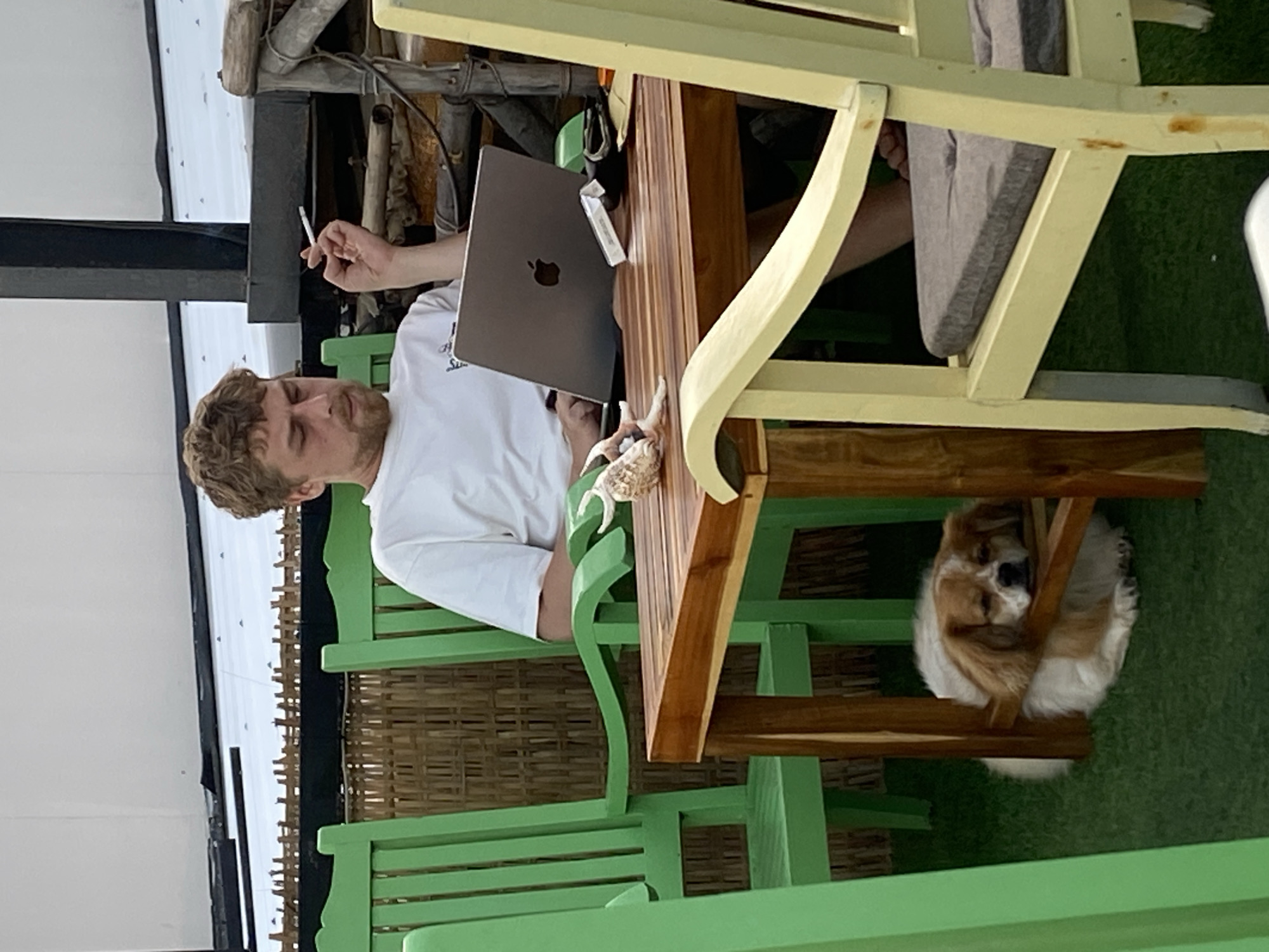A young Caucasian male with blonde, curly hair is seated at a wooden table, smoking a cigarette and looking at a laptop on the table. He is wearing a white t-shirt. To his left, a green wooden chair is partially visible. To his right, a yellow wooden chair with a grey cushion is visible. Under the table, a small dog with white and tan fur is lying down. The scene appears to be an outdoor seating area with a woven bamboo-like wall in the background. The ground is covered with green artificial turf.