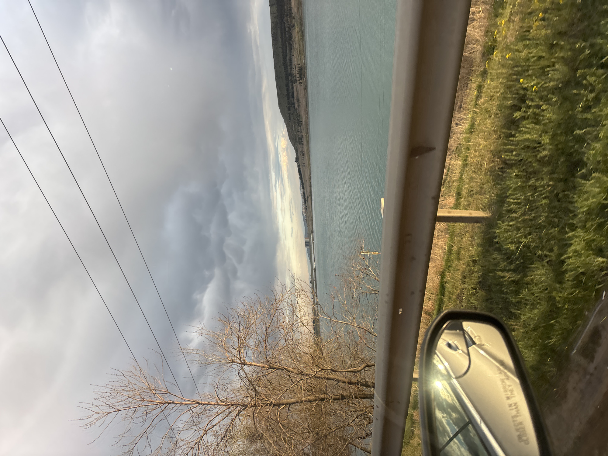 The image depicts a view from a moving vehicle, possibly a car. The landscape includes a large body of water with a shoreline visible in the distance. A guardrail is in the foreground, partially obstructing the view. To the right, there is green vegetation, possibly grass or bushes. A bare tree is also visible, with power lines running across the sky. The sky is cloudy. The side mirror of the car is visible, reflecting sunlight. There are no people visible. The location is unknown.