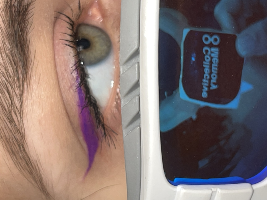 A tightly cropped, close-up image displays the right eye of an individual and the upper portion of a device worn below it. The eye features a hazel iris with a dilated black pupil, dark eyelashes, and a brown eyebrow. A distinct, vibrant purple winged eyeliner is applied to the upper eyelid. The skin tone is light. Below the eye, a device resembling a headset or goggles is partially visible, constructed from white and grey plastic. The grey section features a textured surface. The device's dark, reflective lens or screen displays an inverted reflection of a light-colored rectangular object with the text "Memory 8 Collective" (read in reverse as "evitselloC 8 yromeM"). Indistinct blue-tinted shapes, possibly hands holding the object, are also discernible within the reflection. The immediate environment is not discernible from the image. The specific location within the city of Krasnoyarsk, Russia, cannot be determined from the visual information provided.