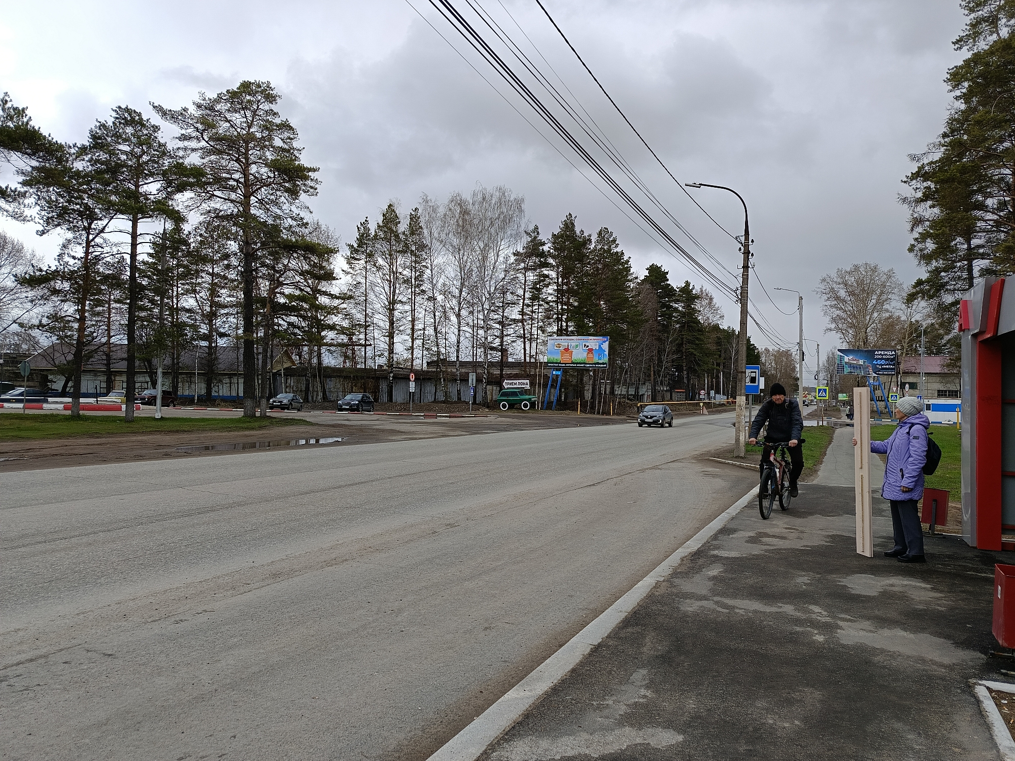 The image depicts a street scene in the city of Chaikovsky, Russia, under an overcast sky. A wide, gray asphalt road occupies the center. On the right side, a sidewalk runs adjacent to the road.
On the sidewalk, a person wearing a light purple jacket, gray pants, and a light-colored head covering stands next to a red and gray bus shelter, holding a long piece of wood. Nearby, a person on a bicycle rides along the sidewalk. The cyclist is wearing a dark jacket and a dark hat.
On the opposite side of the road, a row of tall pine trees lines the edge of the street. Behind the trees, a low building can be seen. Further down the road, additional trees and a building with advertisements are visible. Several cars are driving on the road. Power lines stretch across the sky above the road.