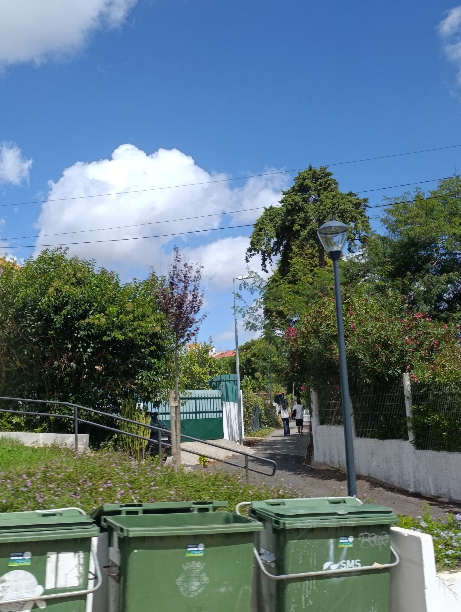 In Setúbal, Portugal, two individuals walk away from the camera down a paved path. The path is bordered on the right by a white wall and a metal fence with lush green foliage behind it. A tall grey lamppost stands in the foreground, near a large evergreen tree. On the left side of the path, there is a sloping grassy area dotted with small purple flowers, and further down, a metal railing. Two large green recycling bins are visible in the foreground, and a green gate is situated further up the path. The sky is bright blue with scattered white clouds.