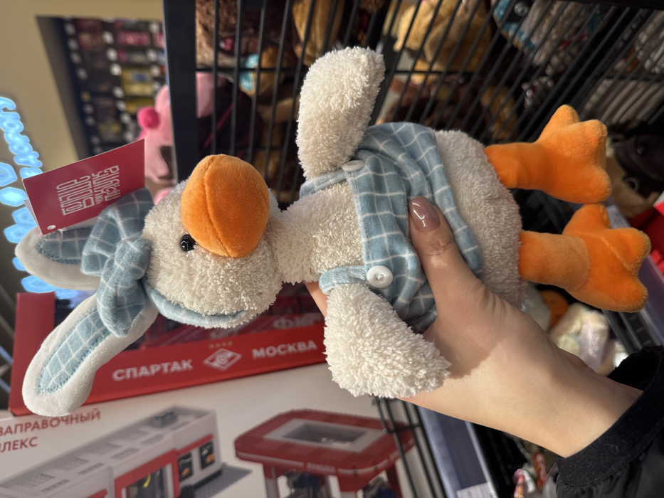 A plush toy of a goose is held in someone's hand. The goose has white fur, an orange beak, and orange feet. It wears a blue-and-white checkered outfit. A red tag hangs from one side of the goose's head. The hand holding the goose has painted nails. In the background, there's a store shelf filled with various items and a toy building set with the words "SPARTAK MOSCOW" on the box. A metal wire rack is also visible.