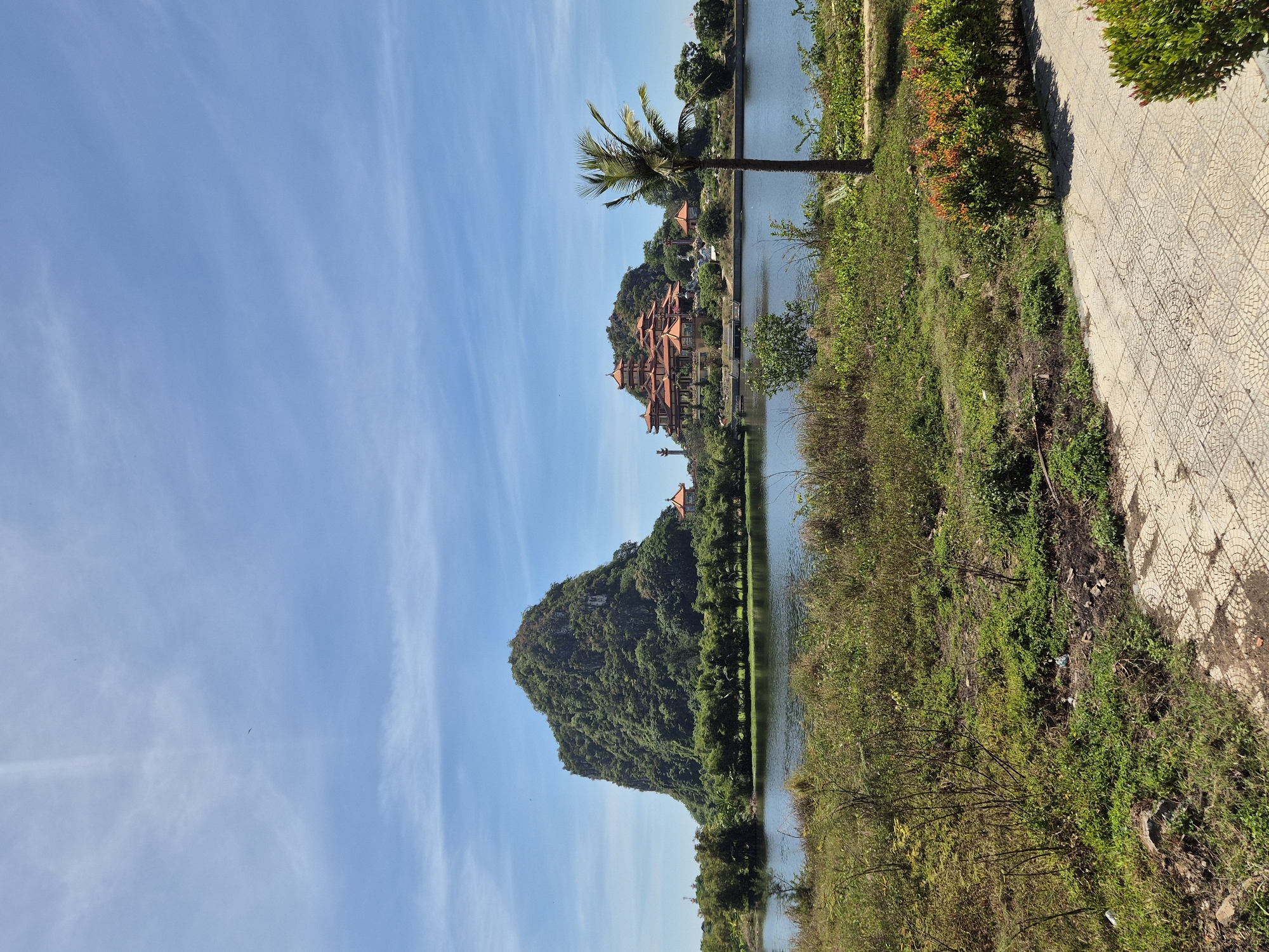 The image depicts a scenic view of a lake with a large, verdant mountain on the left and a temple complex situated on a smaller hill on the right. A lone palm tree stands in the foreground, to the right of the frame. The sky is a clear blue with a few wispy clouds. The foreground consists of a tiled pathway and overgrown vegetation. The temple complex, with its distinctive orange-tiled roofs and intricate architecture, appears to be a significant landmark. While the specific location in Đà Nẵng is not explicitly stated, the scenery suggests a place with natural beauty and cultural significance. There are no people or animals visible in the image.