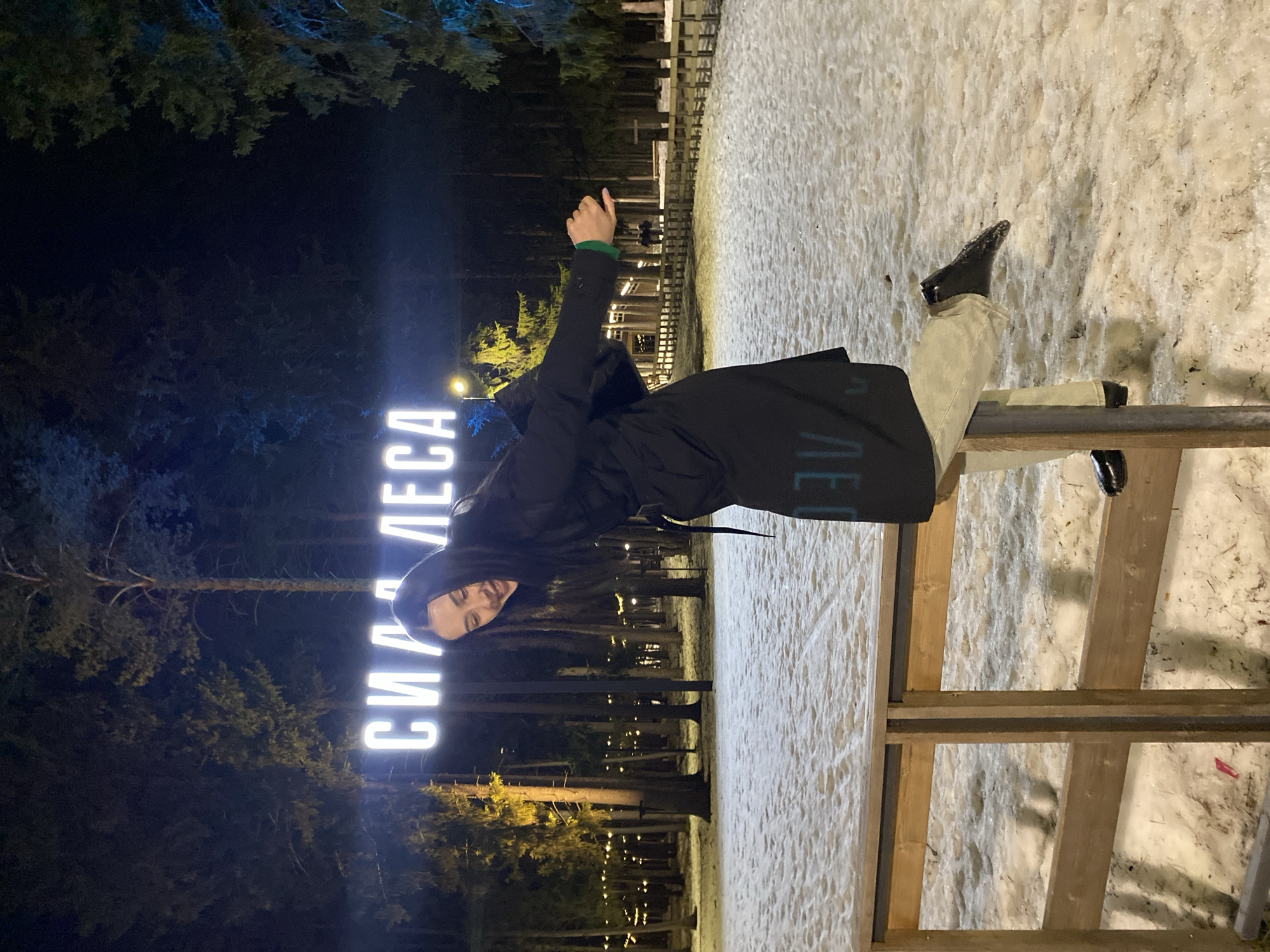 The photo depicts a person standing next to a wooden structure in what appears to be a snowy outdoor setting at night. The person is wearing dark clothing and stands near a sign that reads "СИЛА ЛЕСА" ("The Power of the Forest" in Russian), indicating a location near a forest area in Votkinsk, Russia. The ground is covered with snow, and there are trees visible in the background. The photo is rotated.