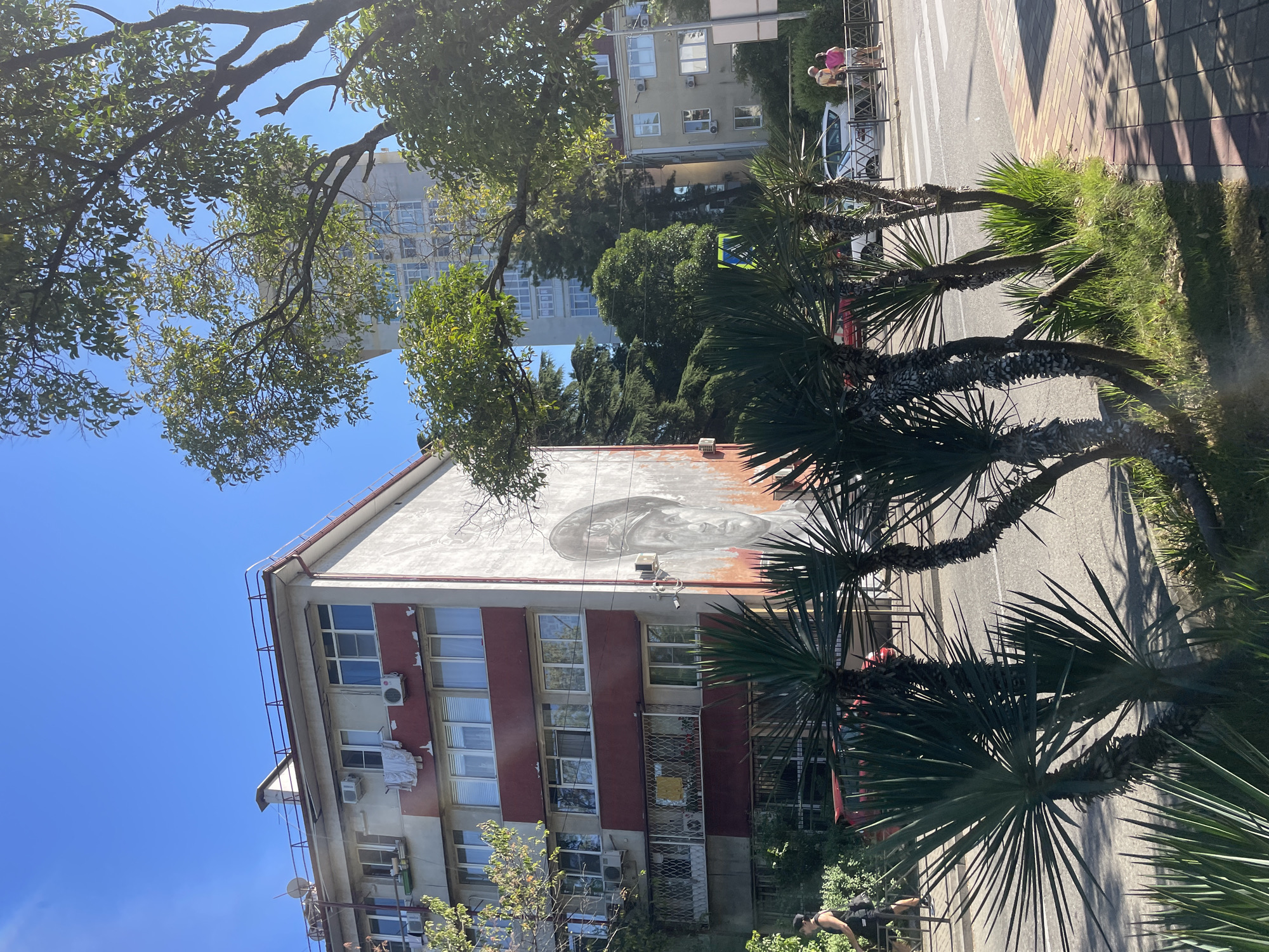 The image depicts a street scene in Sochi, Russia, under a clear blue sky. A multi-story building with a large mural of a man's face on its side dominates the left half of the frame. The building has a red and white facade with numerous windows and balconies. In the foreground, several palm trees line the sidewalk. A street runs across the middle of the image, with a pedestrian crossing visible. A few people are walking on the sidewalk, and cars are parked and moving on the street. The overall impression is one of a sunny day in an urban environment with some tropical vegetation.