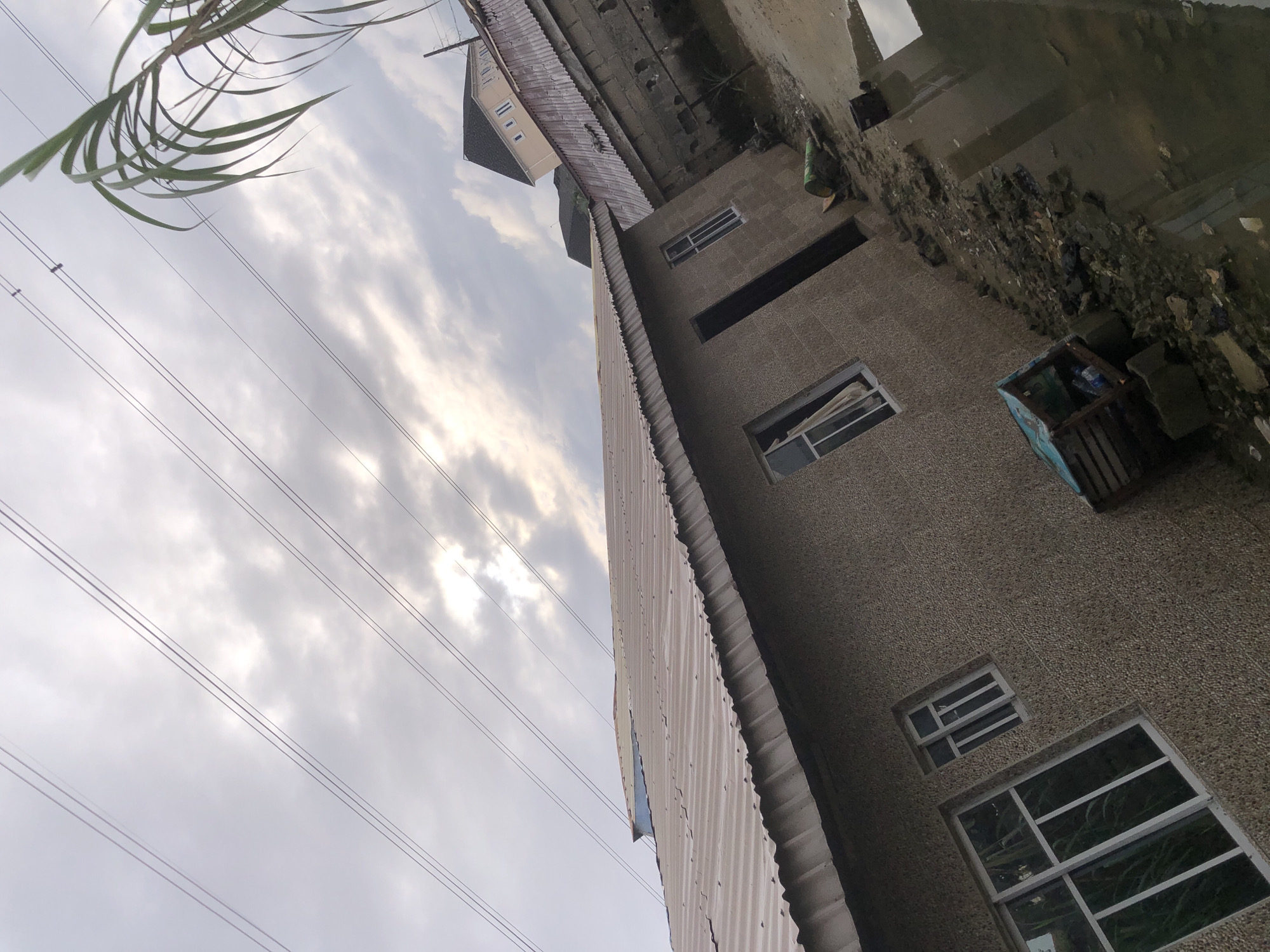 The image depicts an outdoor scene, possibly in Ado, Nigeria, characterized by an overcast sky and a slightly tilted perspective. A corrugated metal roof is prominent, covering a house with a textured, concrete exterior. Several windows with white frames are visible on the house. In the background, another building with a dark, steep roof can be seen, along with a lighter colored building with multiple windows. The ground in the foreground appears muddy and uneven, with debris and standing water reflecting the sky. A tall, leafy plant is visible in the upper right corner, along with a network of overhead power lines stretching across the sky. A green barrel and a blue and wooden cage-like structure are also present on the ground. The overall impression is one of a somewhat unkempt, residential environment under a cloudy sky.