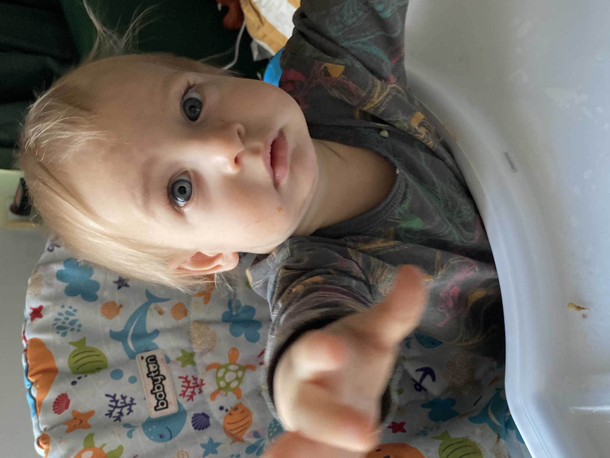 A close-up shot captures a baby with blond hair and blue eyes, positioned in a highchair with a white plastic tray. The baby is wearing a long-sleeved shirt with a patterned design in shades of gray, green, and brown. The highchair has a colorful pad featuring sea-themed illustrations, including dolphins, starfish, turtles, and shells. One of the baby's hands is extended towards the camera, appearing out of focus. Food residue is visible on the highchair tray. There is no information in the image that indicates a location in the city of Chaikovsky, Russia.