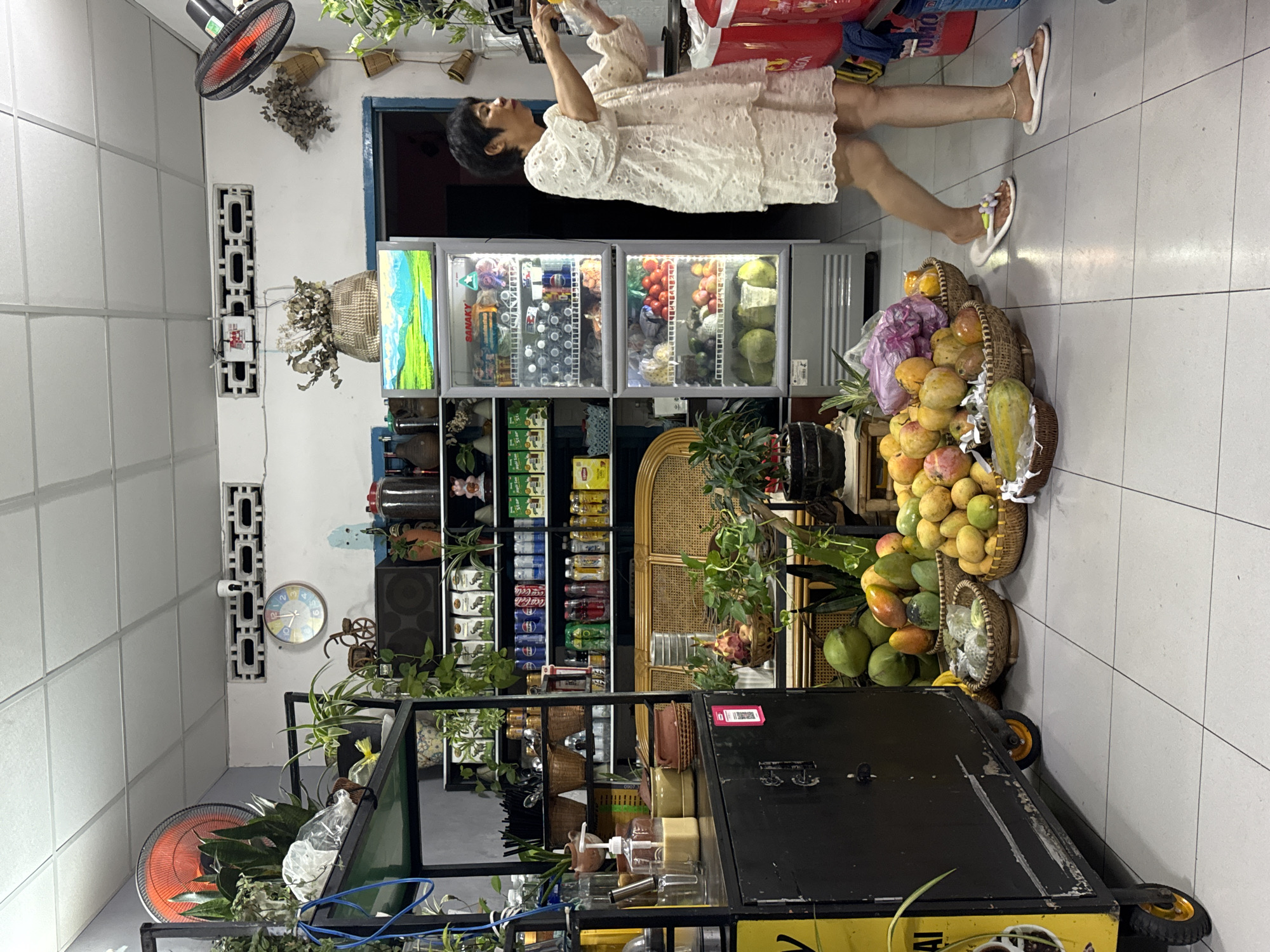 The image captures the interior of a small retail establishment in Bac Nha Trang Ward, Vietnam. A middle-aged woman with short dark hair, dressed in a white eyelet lace two-piece outfit and white floral flip-flops with an ankle bracelet on her right ankle, is depicted in the right half of the frame, actively reaching forward with her right arm.
The shop features light grey tiled flooring and white walls with a suspended white ceiling. In the left foreground, a black mobile counter with yellow accents and wheels holds various bottles and dispensers, and a white QR code sticker is affixed to its side. Spanning the mid-ground and background are black metal shelving units. These shelves display a diverse array of products, including numerous potted plants, a large brown speaker, canned beverages (e.g., Pepsi, Coca-Cola), bottled drinks, and packaged goods, some with an elephant logo, alongside Lipton tea boxes.
A tall, two-door Sanaky brand glass-front refrigerator stands in the middle-right, its upper compartment filled with bottled water and other drinks, and its lower compartment containing fresh produce like tomatoes, bell peppers, and large green fruits. On the floor in the center-bottom, multiple woven baskets are filled with fresh fruits, prominently featuring a large quantity of mangoes in various stages of ripeness, green coconuts, and other smaller green fruits, including one elongated yellow-green fruit. A rattan-style bench or chair back is partially visible behind these fruit baskets.
The upper walls display white horizontal ventilation blocks, a multi-colored wall clock, and a small decorative bicycle ornament. Two electric fans with red blades are mounted on the upper walls, one on the left and another on the right. Dried floral arrangements in woven baskets are also part of the decor. The scene is well-lit, highlighting the organized display of goods and the woman's activity within the shop.