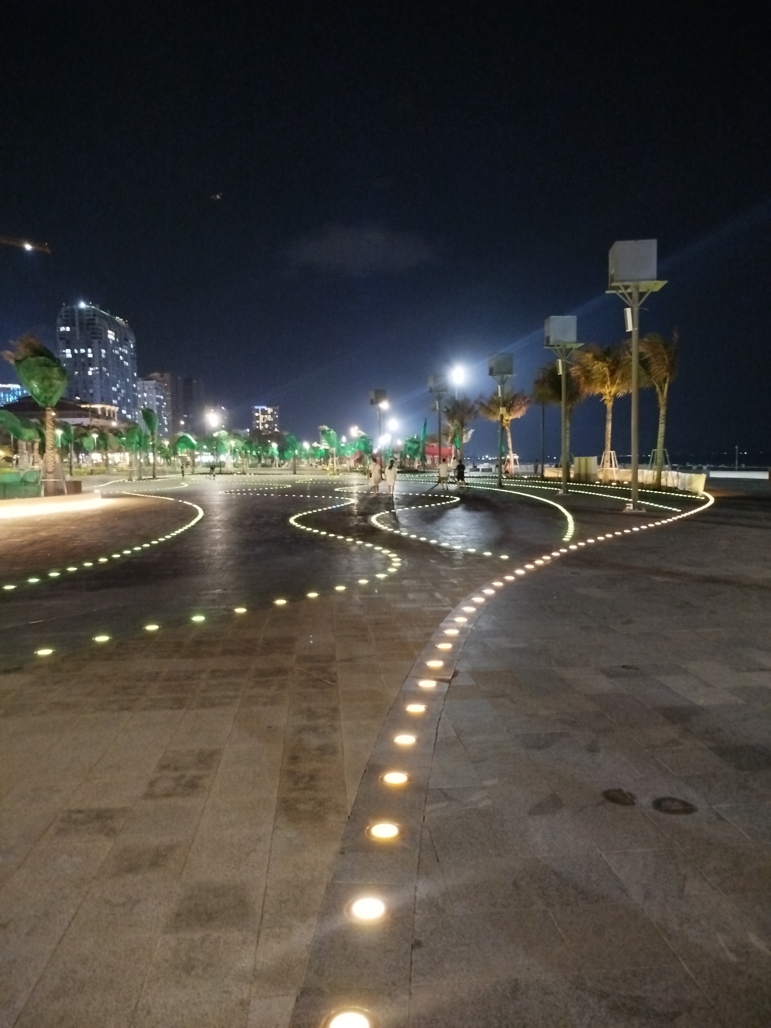 The image shows a nighttime scene in Ho Chi Minh City, Vietnam. The view is of a wide, paved walkway lined with embedded lights that form curved paths. Several palm trees are present, illuminated by streetlights with large, boxy reflectors. In the background, high-rise buildings are visible, lit up against the dark sky. There are a few people walking along the walkway. The ground is made of large, rectangular paving stones.