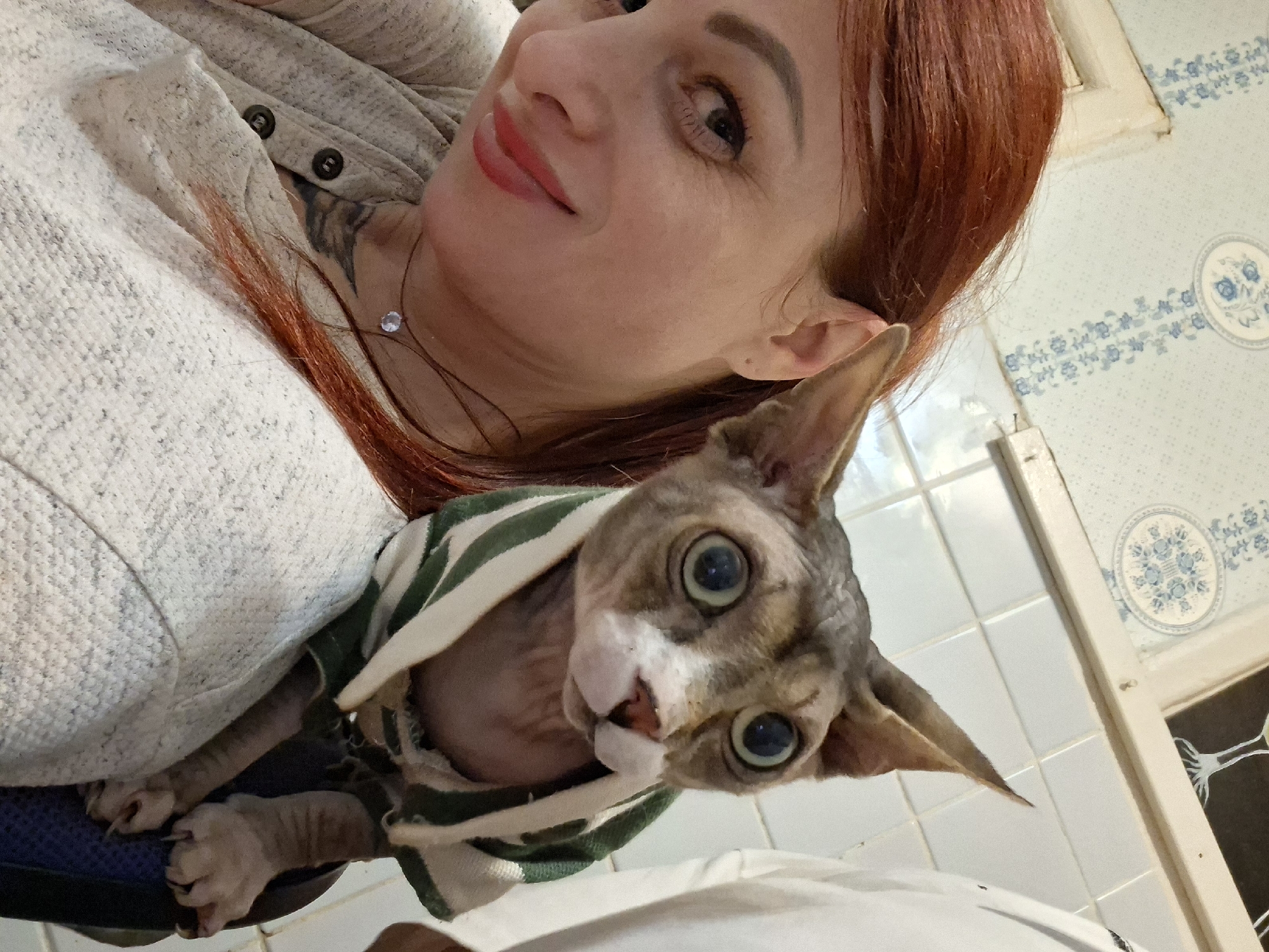 An adult female and a Sphynx cat are captured in a close-up indoor photograph taken in Забалоцкі сельскі Савет, Belarus. The female, positioned on the left, has reddish-brown hair and fair skin. She displays a slight smile, with visible periorbital wrinkles, and wears reddish-orange lipstick. Her left eye is visible, with dark eyeliner and mascara. She is wearing a light-colored, possibly off-white or light grey, long-sleeved knitted top with visible buttons on a placket. A delicate necklace with a clear, round pendant rests on her collarbone, beneath which a dark tattoo is partially visible on her upper chest.
The Sphynx cat, positioned prominently in the center-right, is perched on the female's left shoulder. It features a mottled grey, brown, and white fur pattern on its head, characteristic of the breed, with notable white markings on its muzzle. Its large, round eyes, with dilated pupils, appear blue-green. The cat's prominent, pointed ears are erect. It is dressed in a green and white striped garment or towel wrapped around its body. Its front paws are visible, displaying extended claws, and rest near the female's arm.
The background consists of a light-colored interior. The upper left features a light blue wall adorned with small, repeating blue floral or leaf patterns. Above this, a white ceiling shows a circular decorative element with blue patterns. To the right, a section of white rectangular wall tiles is visible. Architectural elements include a light-colored door frame or trim on the upper left, and a window or opening with a light-colored frame in the upper right. Through one section of the window, a dark background with a white, stylized image resembling a martini glass with roots is discernible.