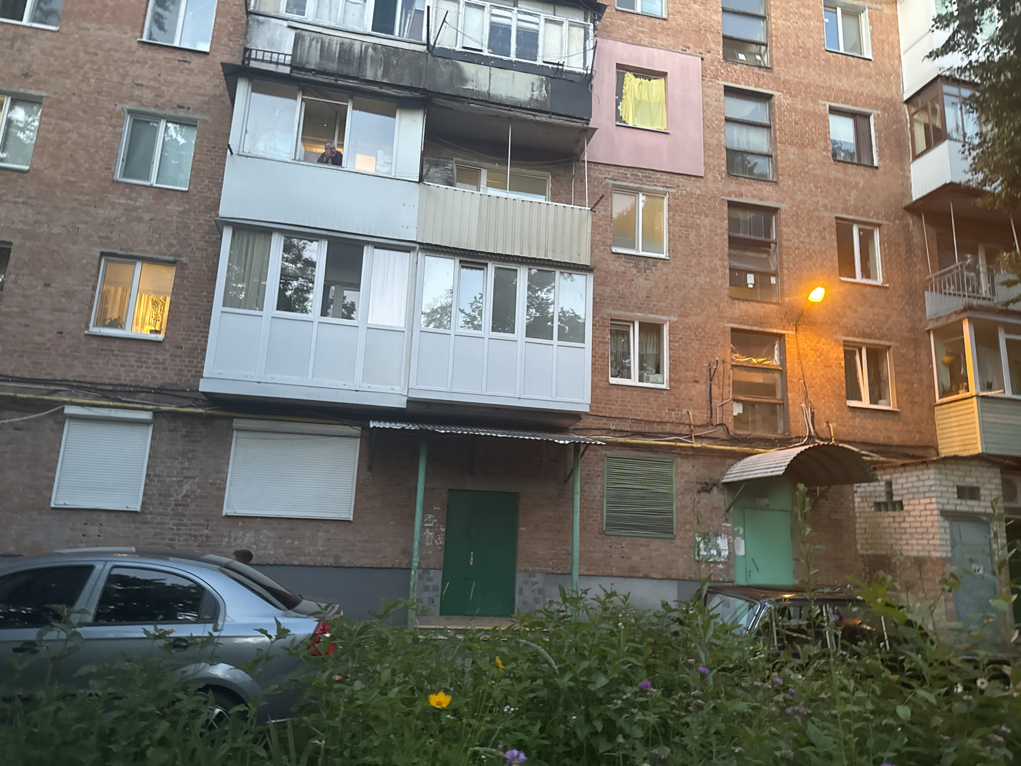 A low-angle, exterior shot depicts a brick apartment building in the city of Гожули, Ukraine. The building features multiple windows, some with shutters, and balconies. A person is visible in a second-story window. A silver sedan is parked in front of the building, partially obscured by dense green foliage and flowers. A streetlamp illuminates the scene. The overall impression is one of a residential urban environment.