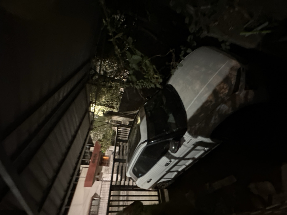 A white car is parked outdoors near metal bars and a wall on a dark night. Vines hang near the car. A building with a vertical sign is visible through the bars. The scene is dimly lit, with the car reflecting the available light.