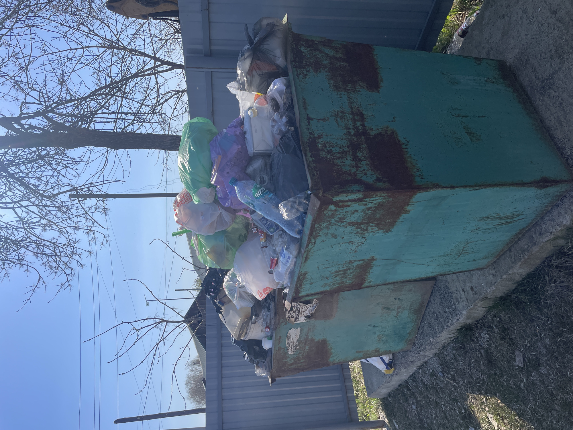 A dumpster is overflowing with garbage bags and other waste. The dumpster is green and rusty, with peeling paint. It is situated on a concrete slab next to a corrugated metal fence. Bare trees are visible in the background against a clear blue sky. Powerlines are also visible in the background.
