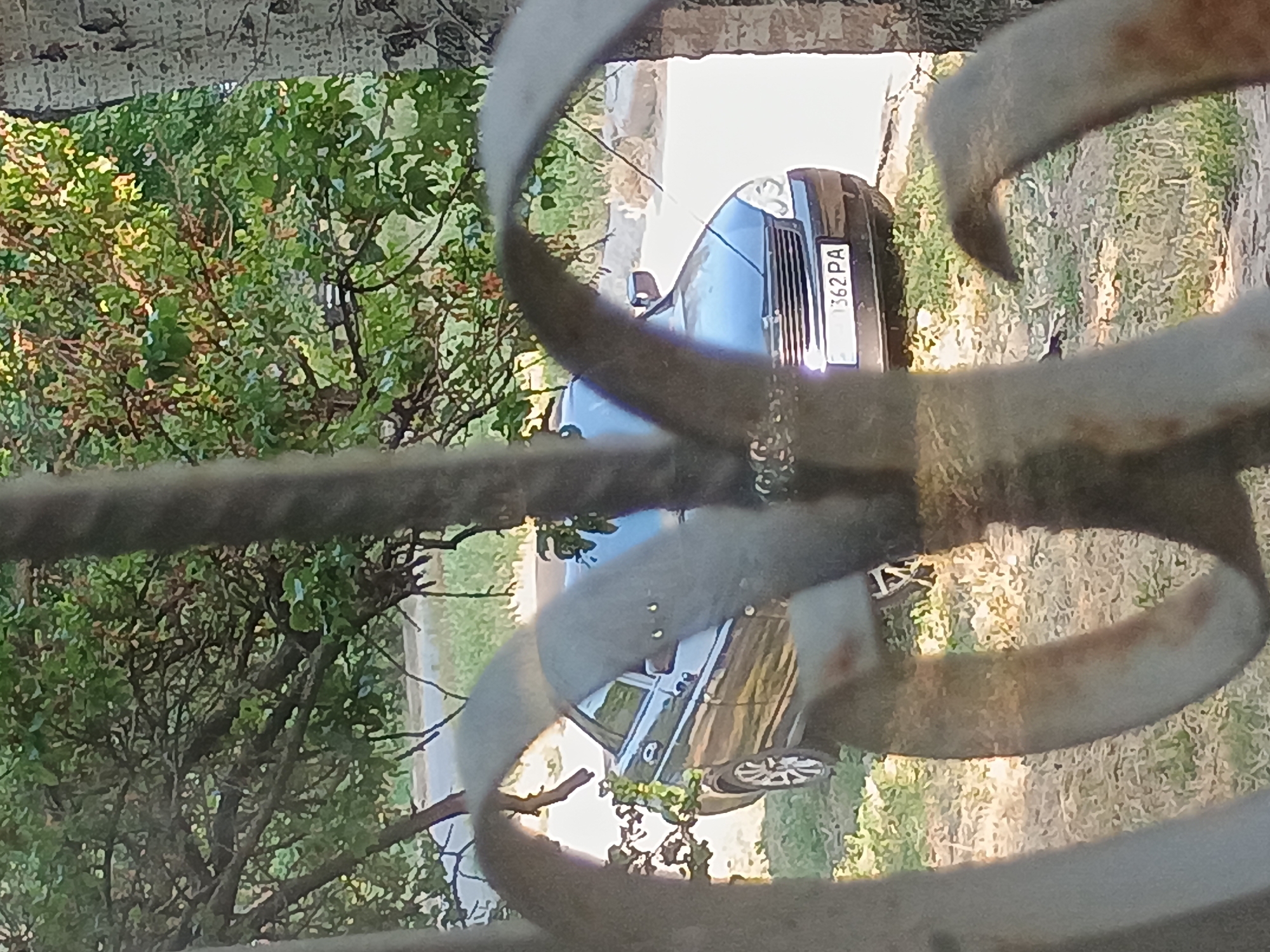 A dark colored sedan is parked on a grassy area next to a paved road. The car has a license plate that reads "AO 0362 PA". The scene appears to be outdoors, possibly in a residential area, with trees and foliage visible. The image is taken through a metal fence. The provided information about Zaporizhzhia, Ukraine, is not verifiable from the image alone.