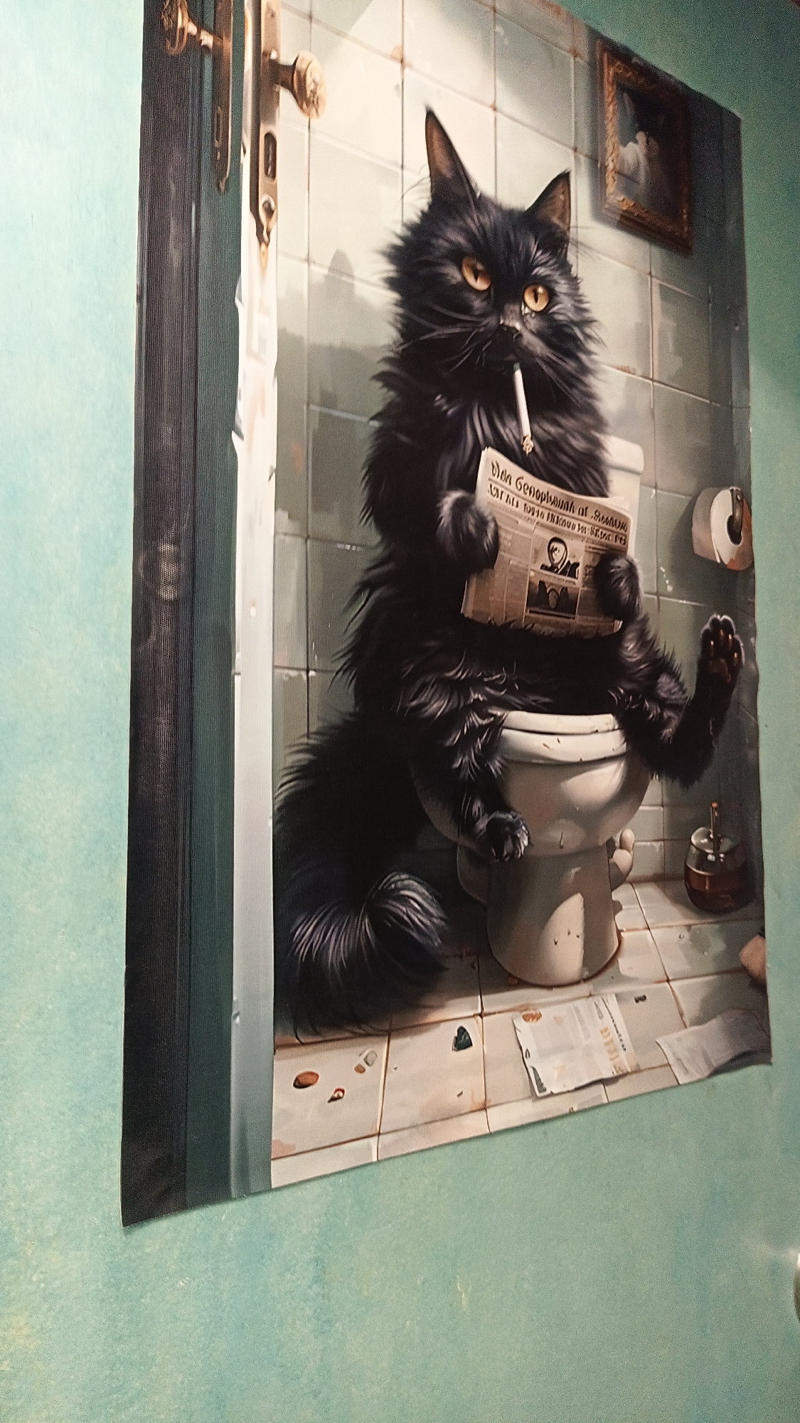 A photograph shows a poster of a black cat sitting on a toilet in a bathroom. The cat is holding a newspaper in its paws and has a lit cigarette in its mouth. The bathroom walls are tiled in a light green color. A roll of toilet paper is mounted on the wall next to the toilet. A small picture hangs on the wall above the toilet. The poster is mounted on a light green wall. A door is partially visible to the left of the poster, with a golden handle. The city and state are unknown.