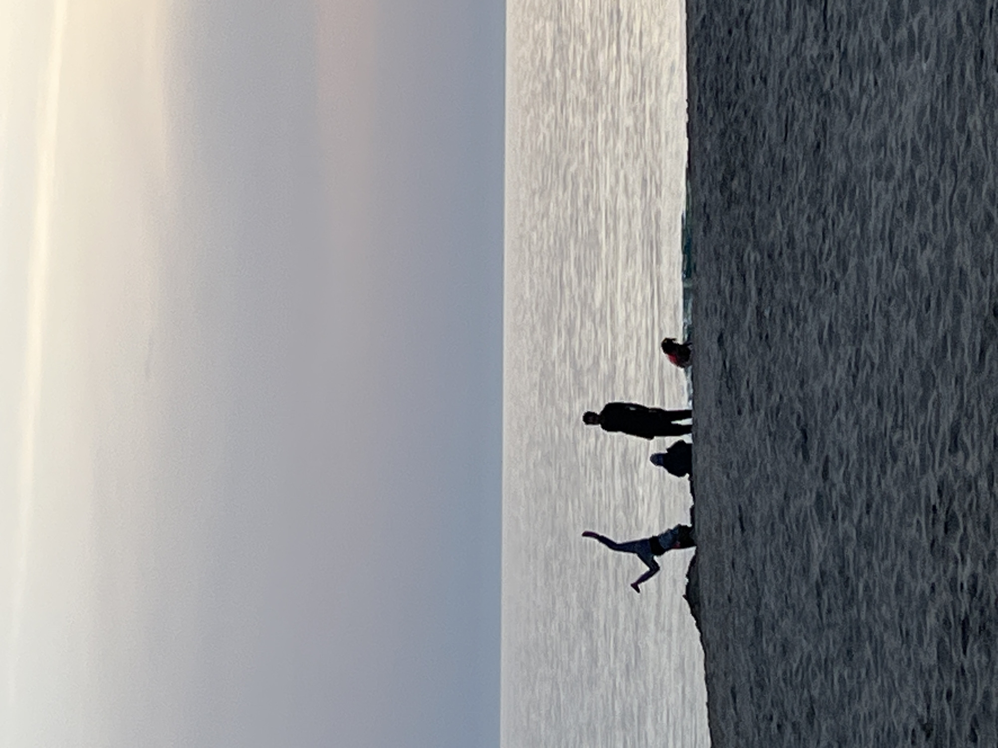 This image captures a coastal scene in Alanya, Turkey. The photograph, taken during the day, shows a body of water, likely the Mediterranean Sea, with a rocky shoreline extending into the water on the right side. Five individuals are present in the scene, situated near the edge of the rocks. One person is in mid-air, presumably diving or jumping into the water. The others are standing on the rocks, appearing to watch the diver or preparing for their own dive. The sky is overcast, with a uniform white or light grey tone. The overall setting is one of recreation and outdoor activity along the Turkish coastline.