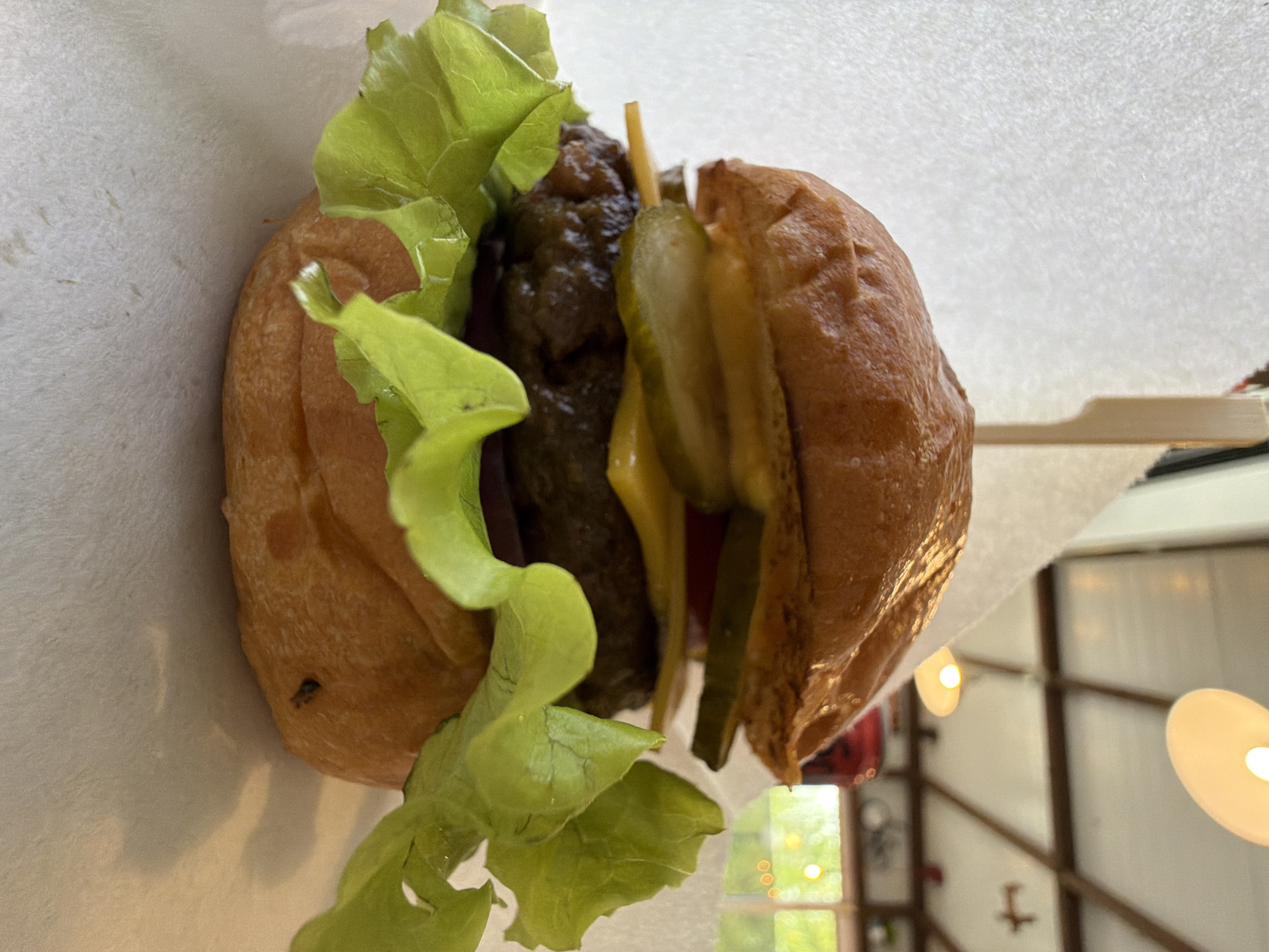 A close-up shot features a hamburger, likely held together by a wooden pick, positioned against a neutral background. The sandwich includes lettuce, a meat patty, pickles, and cheese. The scene is indoors, with a view of an interior space featuring windows with green foliage outside and hanging lights in the background. There are no people visible. There is not enough information to determine that it is in Krasnoyarsk, Russia.