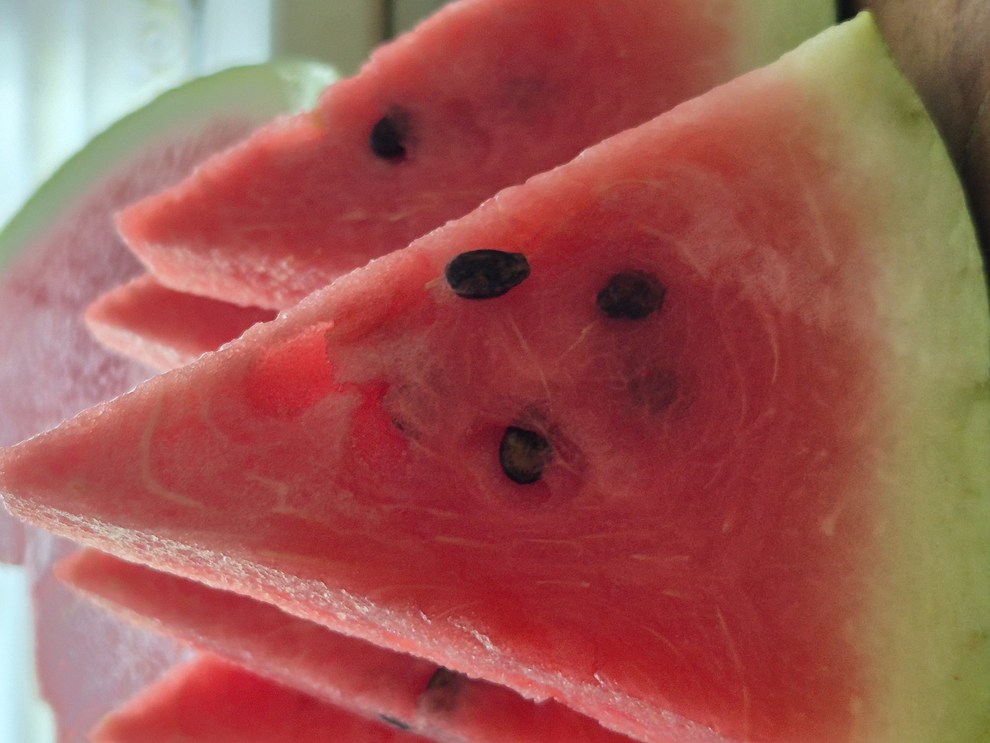 A close-up, shallow depth-of-field shot shows several triangular slices of watermelon arranged in a row. The foreground slice is sharply in focus, revealing its bright pink flesh and several black seeds. The other slices behind it are progressively more blurred. The watermelon has a light green rind at the bottom. The background is out of focus and appears to be a light-colored surface. There is no indication of the city of Kokshetau, Kazakhstan, or any people or specific actions.