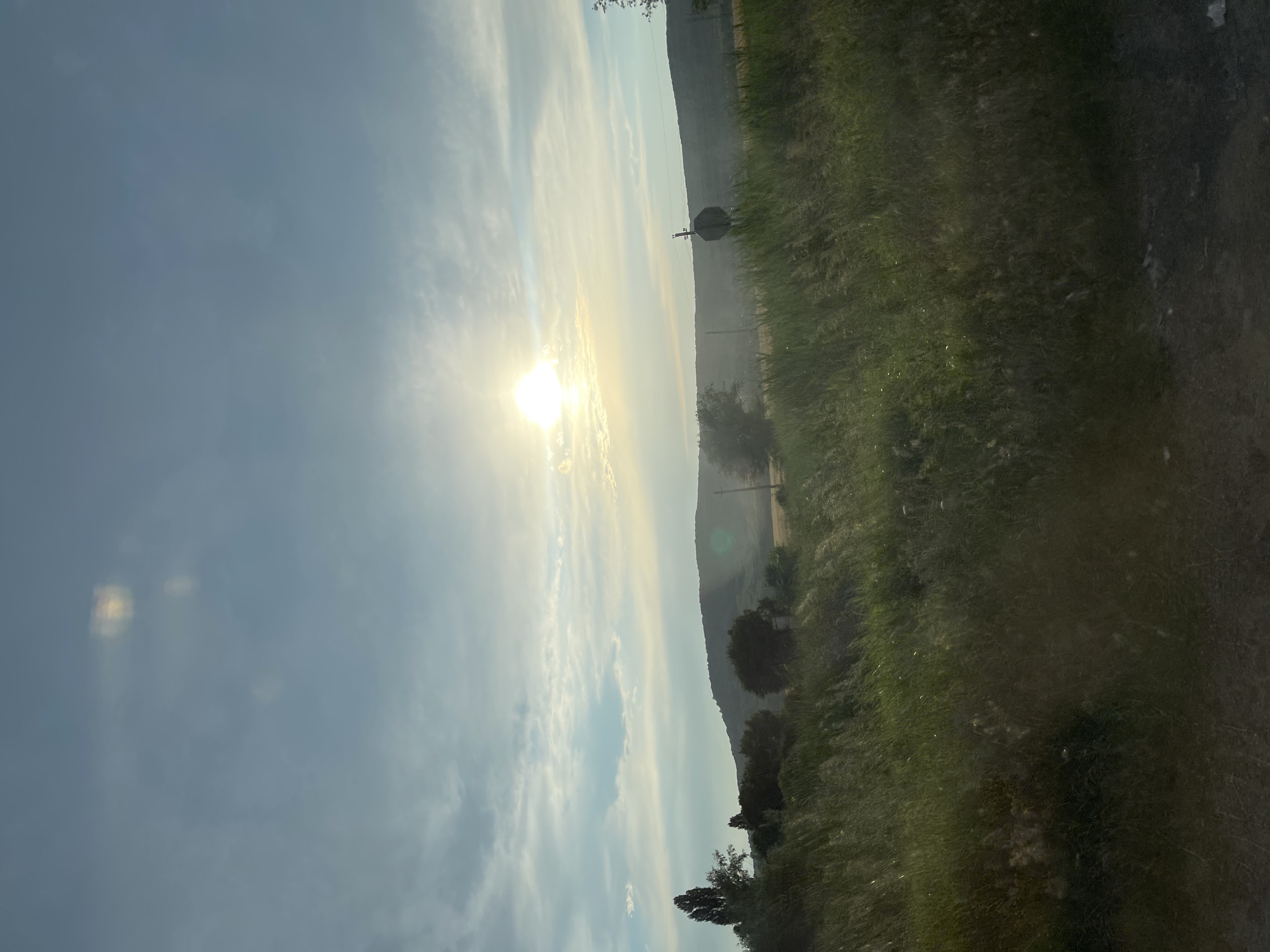 The media file shows a landscape scene in Tatarstan, Russia, likely taken during the day. The image is rotated 90 degrees counterclockwise. The sun is low in the sky, casting a bright glare and illuminating wispy clouds. The scene appears to be rural, with a long, sloping hill or mountain in the background. A dark, circular object on a pole is visible on the hillside, possibly a weather balloon or some kind of marker. The foreground consists of a grassy field or embankment, with tall grass swaying. There are a few trees scattered throughout the landscape. The overall mood of the image is peaceful and serene, with the warm light of the sun suggesting either sunrise or sunset. The weather appears to be clear with some cloud cover. No text is visible in the image.