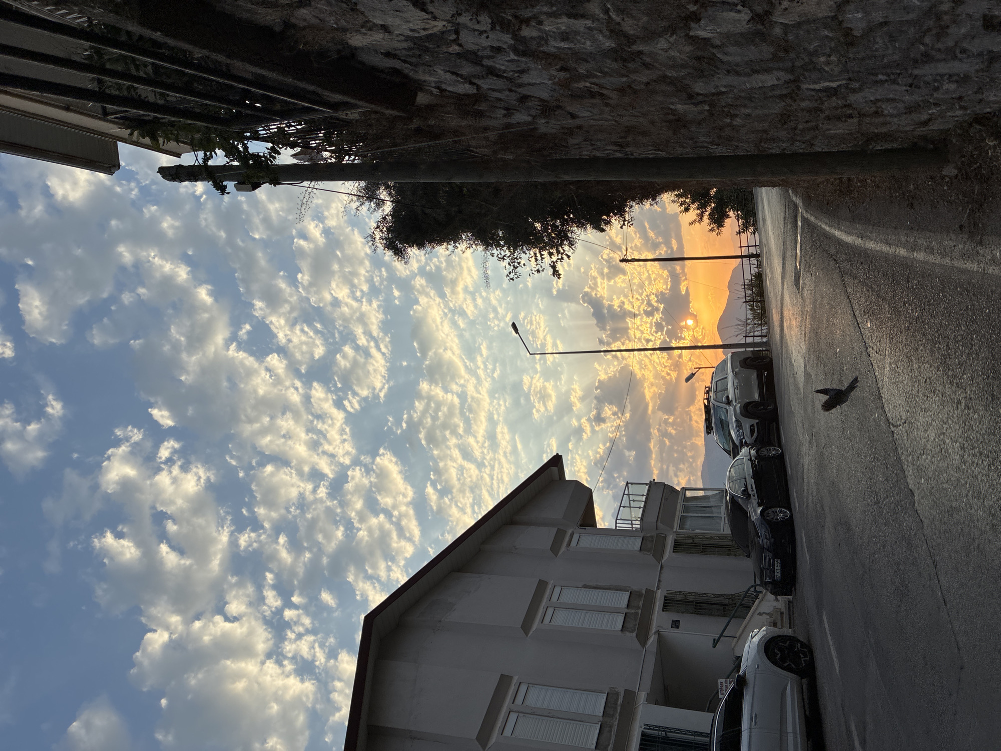 The image depicts a street scene in Alanya, Turkey, during sunset. A two-story building with white shutters on the windows is visible on the left, with several cars parked along the street in front of it. A black sedan and a white SUV are prominently featured. A stone wall lines the right side of the street, with a fence and vegetation above it. A street lamp stands on the left side of the road, and a utility pole is located near the stone wall. The sky is filled with dramatic clouds illuminated by the setting sun, which is visible on the horizon behind a distant mountain range. Rays of sunlight are breaking through the clouds, casting a warm glow over the scene. A bird is captured mid-flight in the foreground of the image.