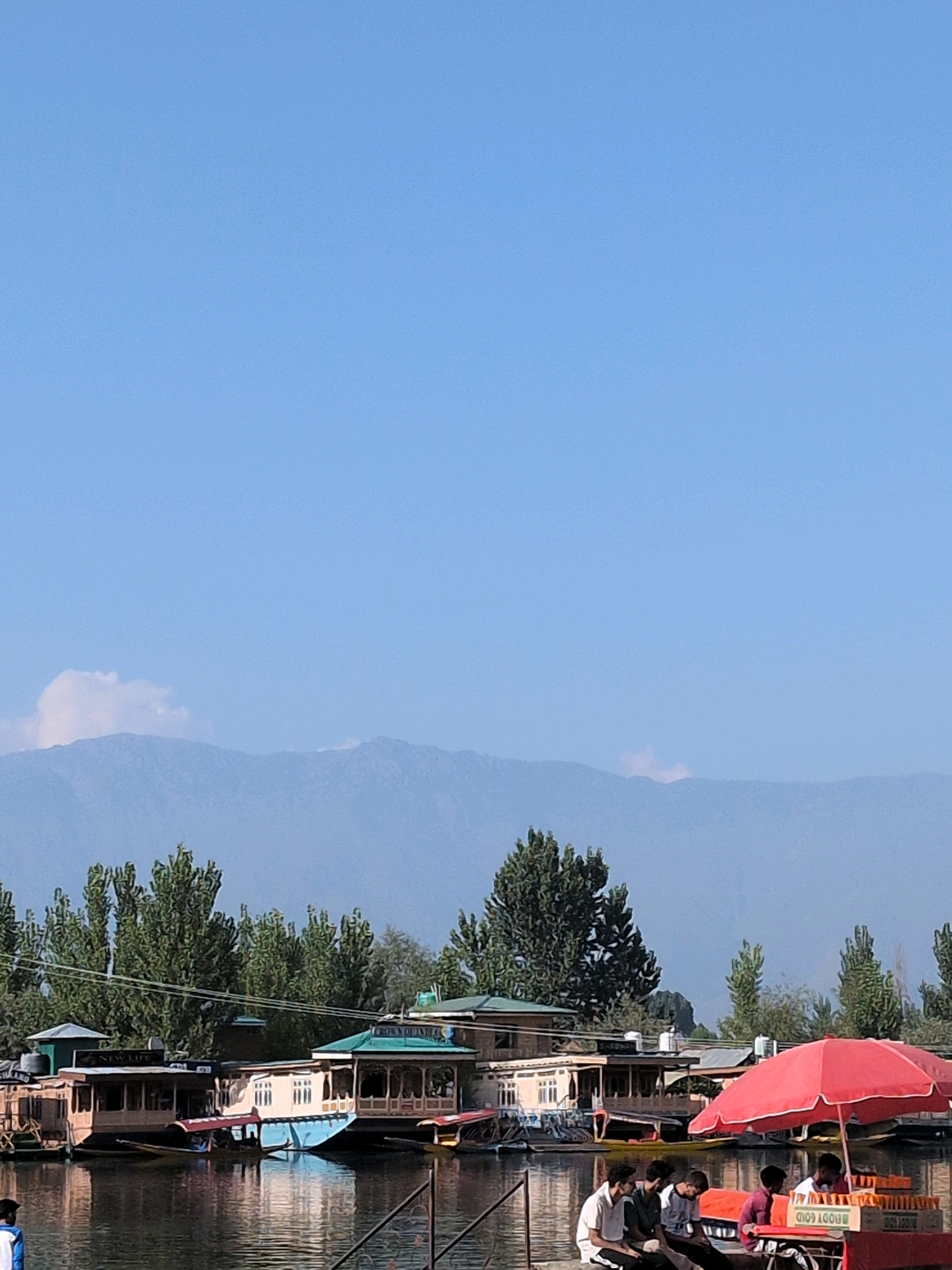 The image depicts a picturesque scene in Srinagar, India, likely on Dal Lake. The foreground shows a body of water with reflections of the surrounding structures. Several houseboats, characteristic of Srinagar, are docked side-by-side, exhibiting traditional Kashmiri architecture with intricately carved wooden details and colorful roofs. Some of these houseboats appear to be businesses, with signage visible such as "NEW LIFE" and "ROYAL OF INDIA."
In the mid-ground, a cluster of tall, slender trees with lush green foliage line the bank behind the houseboats, creating a verdant backdrop. A vibrant red umbrella is set up on a boat in the foreground, providing shade to a group of young men who are seated, some interacting with each other. There are also boxes with writing on them, suggesting goods or refreshments being sold. Another person, wearing a blue and white shirt, is partially visible on the left side of the image, seemingly observing the scene.
The background is dominated by a serene mountain range, softly lit by the sun, with a clear blue sky overhead. A few wispy clouds are visible near the mountains, adding depth to the landscape. The overall atmosphere is tranquil and suggests a popular tourist destination in Srinagar.
