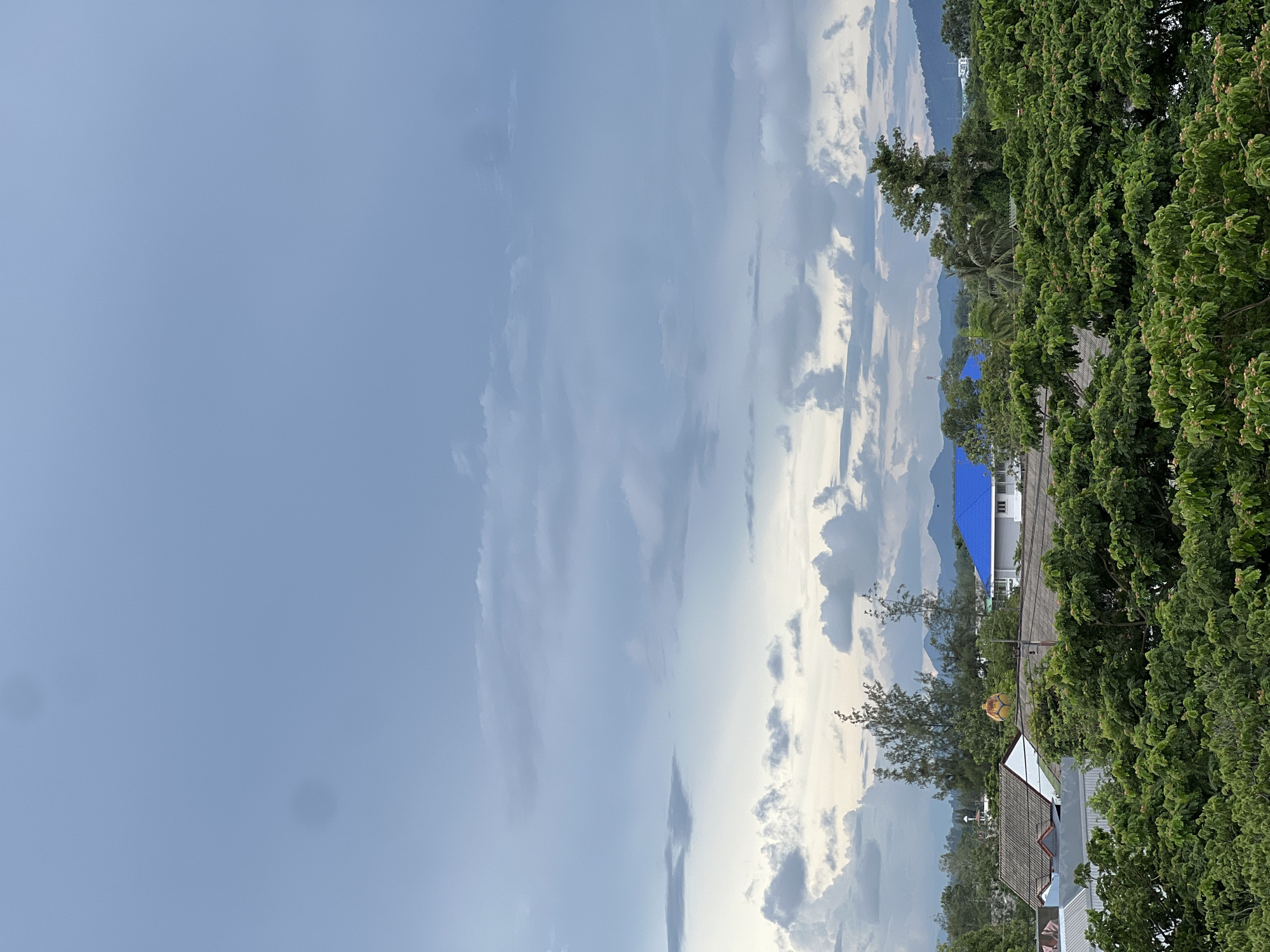 This is an aerial, full-frame, vertical shot of a cloudy sky above a densely forested area with a few buildings and distant mountains. The sky is a pale blue with large, dark gray clouds scattered across it. The clouds are layered and have a textured appearance. Below the sky is a layer of trees, predominantly green with some lighter green foliage. Among the trees, several houses are visible. One house has a bright blue roof, and another has a dark gray, tiled roof. There is also a lighter colored structure with a dark tiled roof. In the distance, mountains are visible, their peaks fading into the hazy sky. The overall impression is one of a tranquil, natural landscape on a somewhat overcast day.