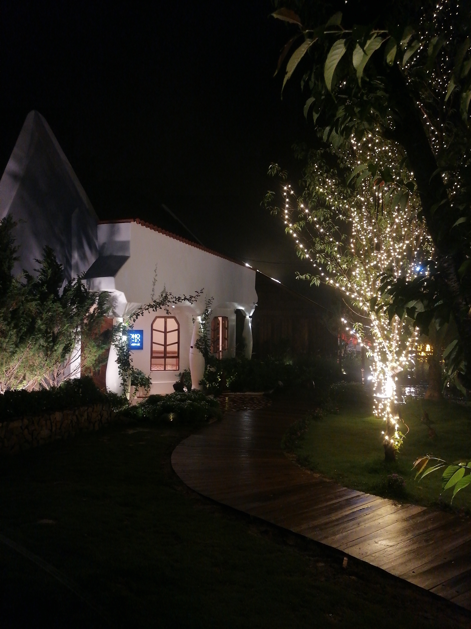 This night-time photograph presents an inviting outdoor scene, likely a cafe or guesthouse in Da Lat, Vietnam. A charming, white-walled building with a reddish-tiled roof section is visible on the left, featuring distinct arched wooden windows that glow with interior light. A blue rectangular sign on the building's facade clearly displays "XOM CAFE" with a small logo.
A curved wooden plank pathway, appearing damp and reflective, leads from the foreground towards the building and further into the background. The path is bordered by lush green landscaping, including various bushes and trees. On the right side of the frame, a prominent tree is brilliantly illuminated by numerous warm white string lights, creating a sparkling, ethereal effect on its branches and leaves. Another tree trunk is partially visible on the far right.
Subtle uplighting highlights some of the surrounding greenery, casting soft glows on the plants and the low stone wall bordering the left side of the pathway. The overall ambiance is tranquil and cozy, with the darkness of the night sky providing a stark contrast to the well-lit features. The wet surface of the pathway suggests recent rain, enhancing the reflective quality of the wooden planks. No people are visible in the scene.