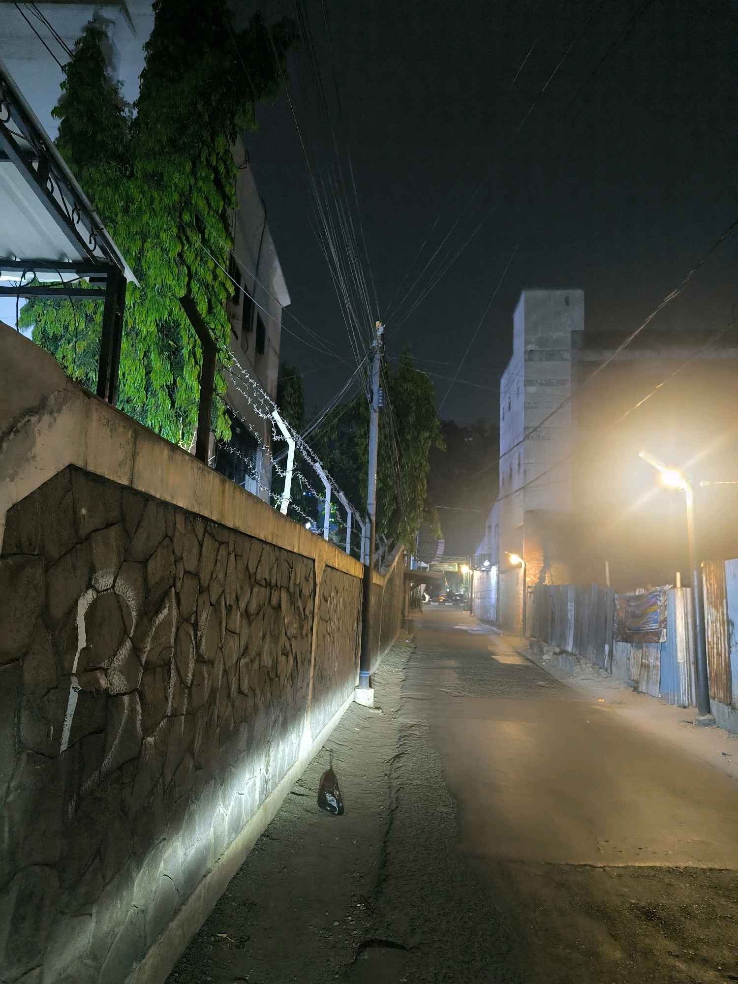 An outdoor, nighttime, eye-level, medium shot captures a narrow, unlit alleyway in Bandung City, Indonesia. The alley is lined with textured stone walls on the left and corrugated metal fences on the right. A single street lamp illuminates the paved alleyway, casting a warm glow and creating long shadows. Green foliage cascades down a building on the left, partially obscured by barbed wire atop the stone wall. Electrical wires crisscross the dark night sky above. A black plastic bag lies on the ground near the wall on the left side of the alley. The overall scene suggests an urban setting at night, with a focus on the textures and lighting of the alleyway.