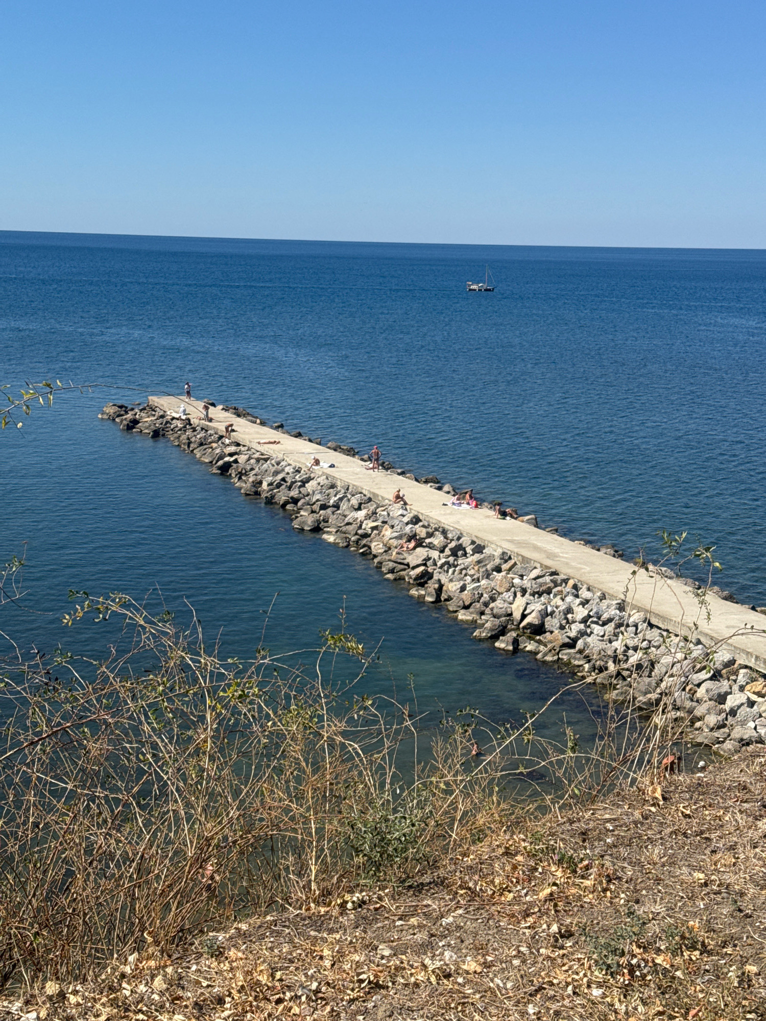 The image captures a scenic view of a concrete pier extending into a calm blue sea under a clear sky. The pier is flanked by large rocks, creating a rugged, natural edge. Several individuals are visible on the pier, engaged in various activities such as sunbathing, sitting, and standing. One person is standing at the very end of the pier, looking out towards the water. In the distance, a small sailboat with a dark hull and white sail is visible on the horizon. The foreground of the image is dominated by dry, brushy vegetation and scattered leaves, suggesting a coastal landscape. The scene is likely located on the Black Sea coast near Anapa, Russia, given the characteristic clear blue waters and the presence of a pier extending into the sea, a common feature in coastal resorts.