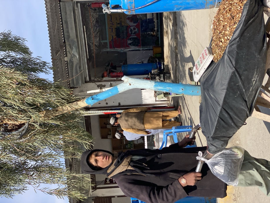The image depicts an outdoor street scene in Kandahar, Afghanistan, under clear daylight conditions. In the foreground, a young male, appearing to be in his late teens, stands holding the metal handles of a pushcart. He wears a dark hooded garment, a patterned light brown scarf, a dark long coat, and light-colored trousers, with a gold-toned watch on his left wrist. His gaze is directed towards the viewer.
The pushcart, constructed of wood, features a rectangular surface. The left portion is covered by a black tarpaulin or fabric, while the right portion displays an uncovered pile of light brown, irregularly shaped dried fruits or nuts. A small, white rectangular sign with red and green text is visible on the uncovered section of the cart. A clear plastic bag containing dark items is tied to the left handle of the pushcart.
In the mid-ground, a slender tree with sparse green foliage partially obstructs the view. The lower trunk of this tree is painted a vibrant light blue. Electrical wiring is observed within its upper branches.
Behind the tree and the pushcart, two adult males are present. One man, wearing a light-colored garment and a white skullcap, stands facing left, partially obscured. The second man, wearing a brown striped vest over a light brown shalwar kameez and a white skullcap, stands with his back mostly to the viewer, facing a shop entrance.
The background reveals several storefronts with metal corrugated roofs. The shop directly behind the figures appears to be an auto repair or supply shop, featuring a large banner with text (likely Dari or Pashto) and images of machinery displayed inside its open entrance. Visible within this shop are large blue industrial tanks and red fire extinguishers. The ground is paved, and the sky is a light blue with minimal cloud cover, indicating an outdoor, sunny environment.