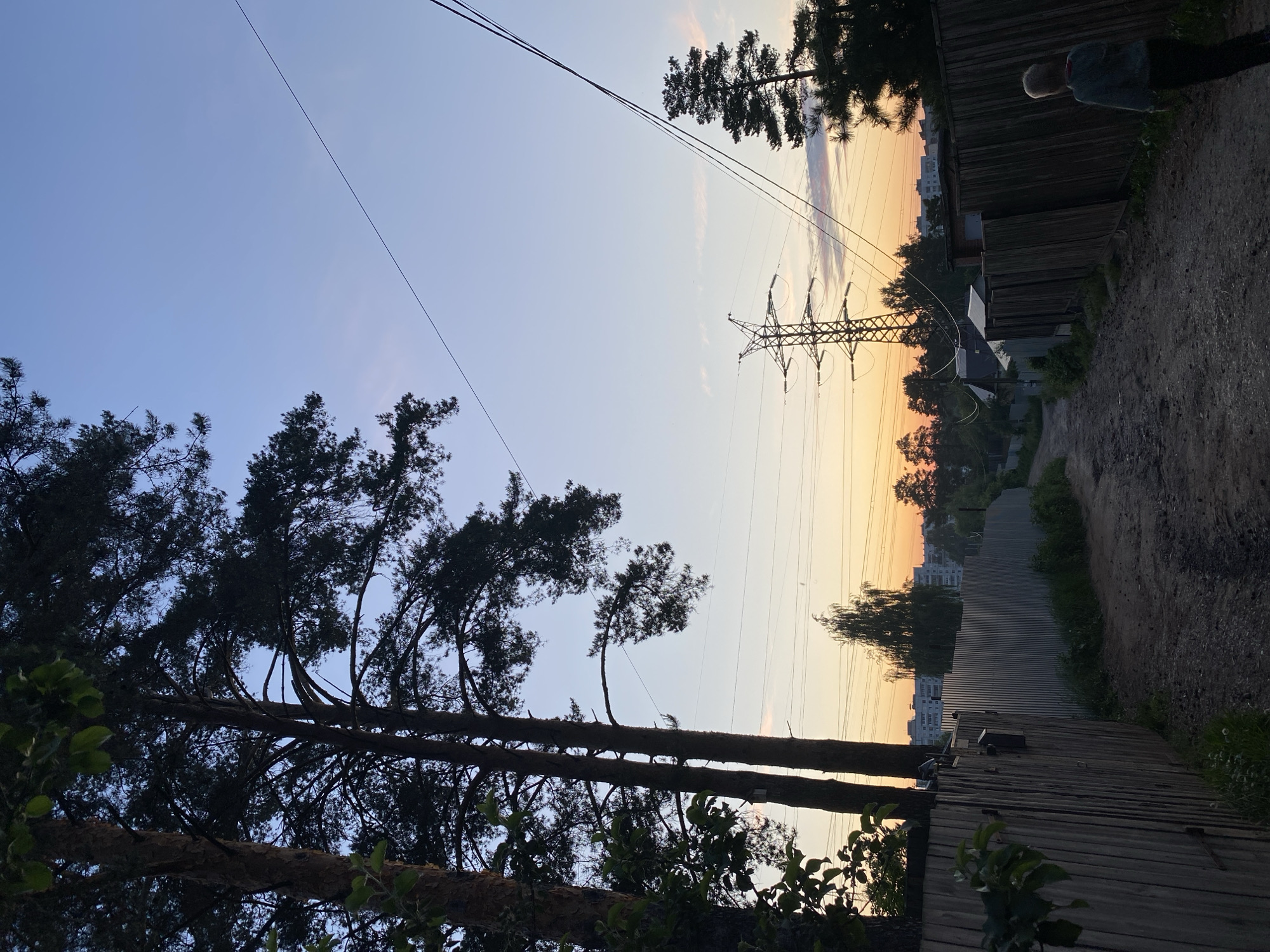 This detailed image captures a semi-rural or exurban scene at sunset in Unknown, Unknown. The sky displays a gradient of colors, transitioning from a pale blue at the zenith to a warm orange and yellow near the horizon, with subtle light purple hues and faint clouds in between.
In the foreground, a rough dirt road or path extends from the bottom center into the mid-ground, flanked by fences. On the left, two large, dark pine trees, primarily seen in silhouette, dominate the upper frame, their trunks and dense needle branches visible. A wooden plank fence with a dark mailbox attached runs along the left side of the path. On the right, a weathered dark wooden fence runs parallel to the path. A young person, seen from behind, walks away from the camera on the right side of the dirt path, wearing a light-colored hooded top and dark pants.
In the mid-ground, a prominent metal electricity transmission tower (pylon) stands against the sunset sky, with multiple power lines extending across the frame in various directions. Beyond the fences and foreground structures, various trees, including a light-foliaged tree, contribute to the landscape. In the distant background, several multi-story residential buildings of a city are silhouetted against the brightest part of the sunset, indicating an urban area on the horizon. The overall lighting suggests dusk, casting long shadows and creating strong silhouettes of the foreground elements.