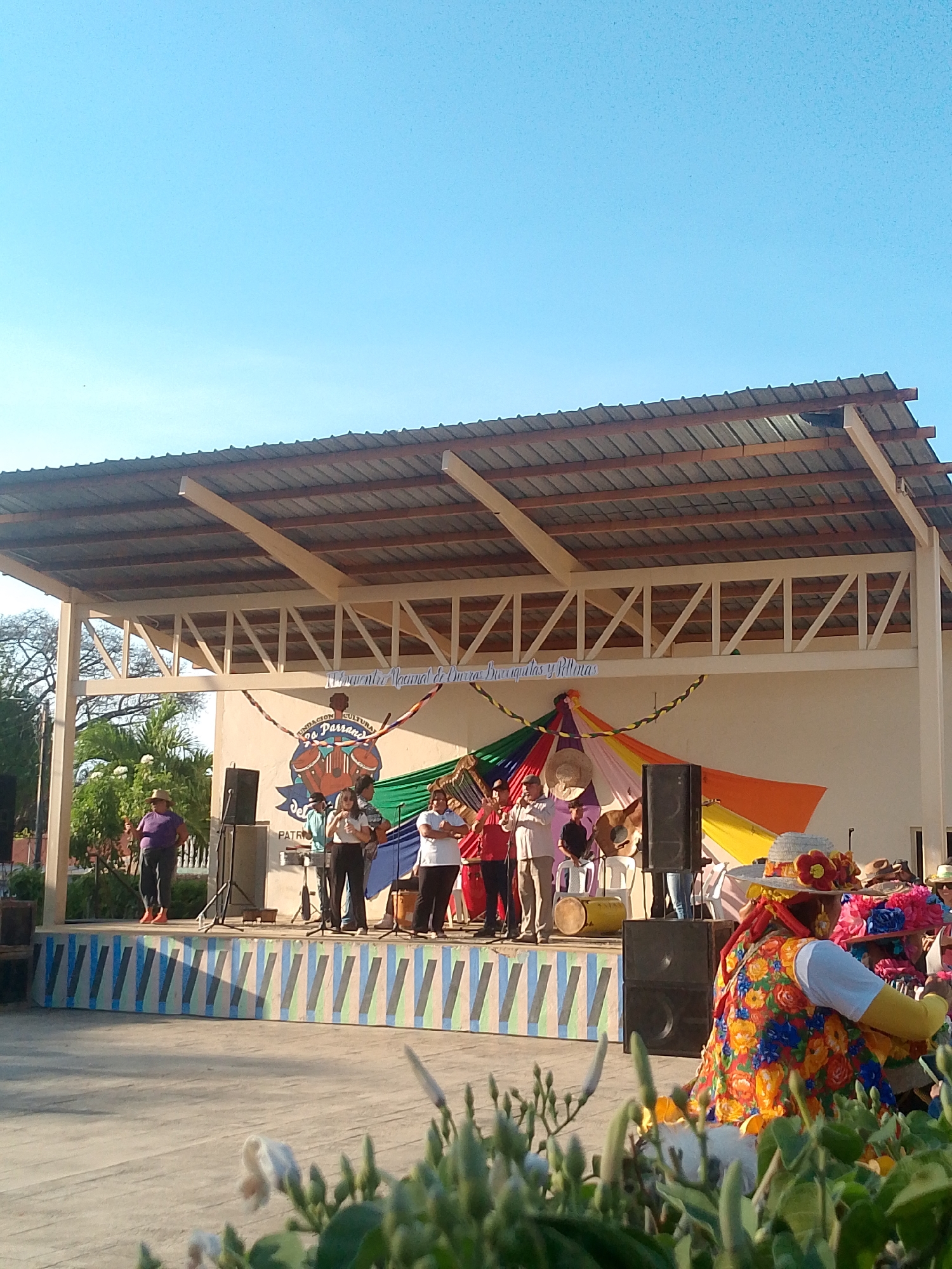 The image captures an outdoor stage scene in Juan Griego, Venezuela. A group of musicians are performing on a raised stage with a tin roof. The stage backdrop is decorated with colorful streamers and a logo that reads "Fundacion Cultural los Parrandas." The stage is lined with a multi-colored design. A black speaker sits to the left of the stage. In the foreground, there are white flowering plants, partially obscuring the view. A person in a brightly colored floral outfit and hat is partially visible in front of the stage. An additional person in a purple shirt is seen on the left edge of the stage. The sky is clear and blue.