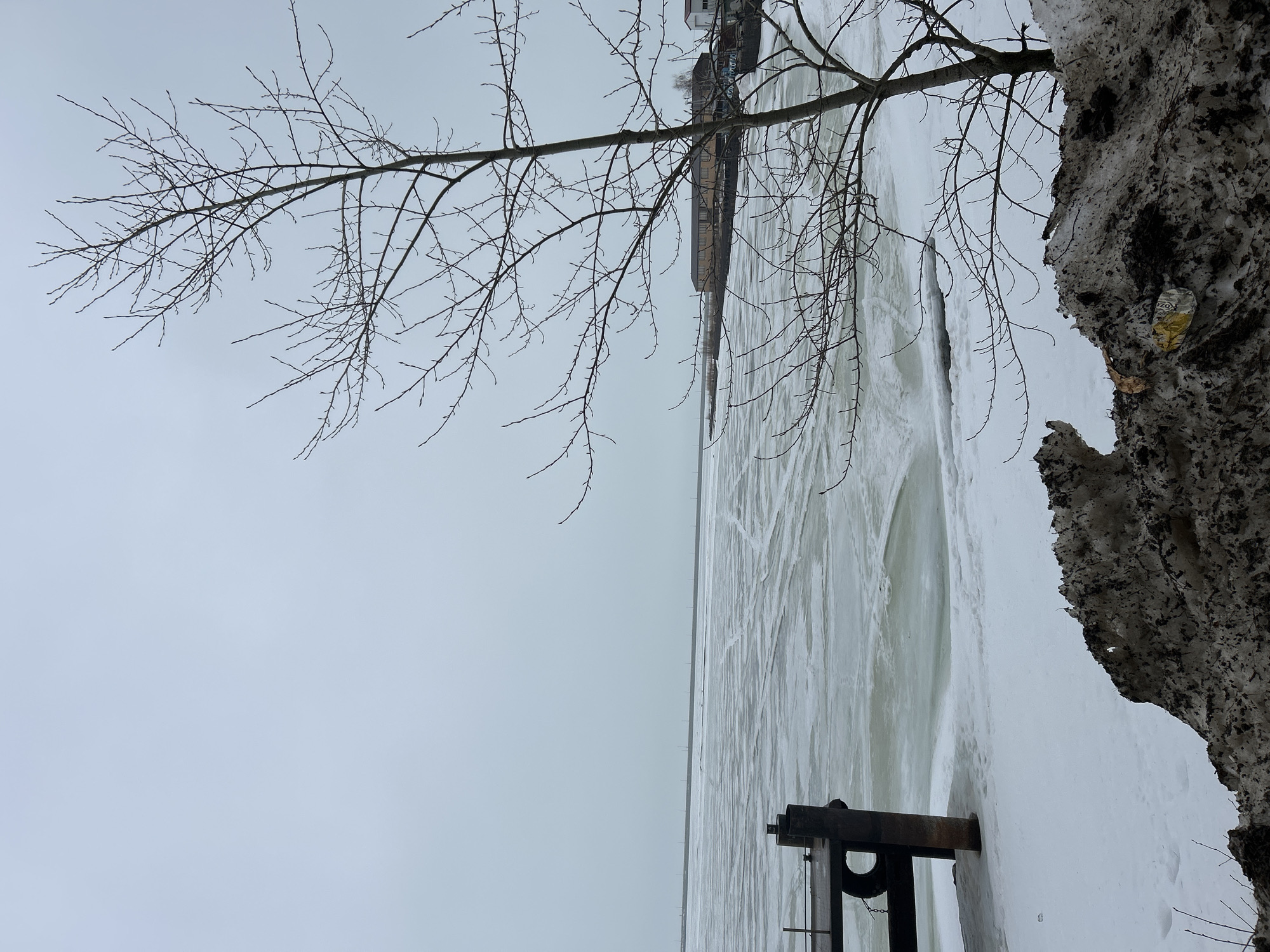 The image depicts a winter scene on the Kama River in the city of Chaikovsky, Perm Krai, Russia. The river is largely frozen, with visible ice formations and snow cover. A bare tree branch extends across the upper portion of the frame. On the riverbank, there is a snow-covered tree trunk. A section of a metal structure is present in the lower portion of the frame. A building or structure is visible in the distance across the river. The sky is overcast.