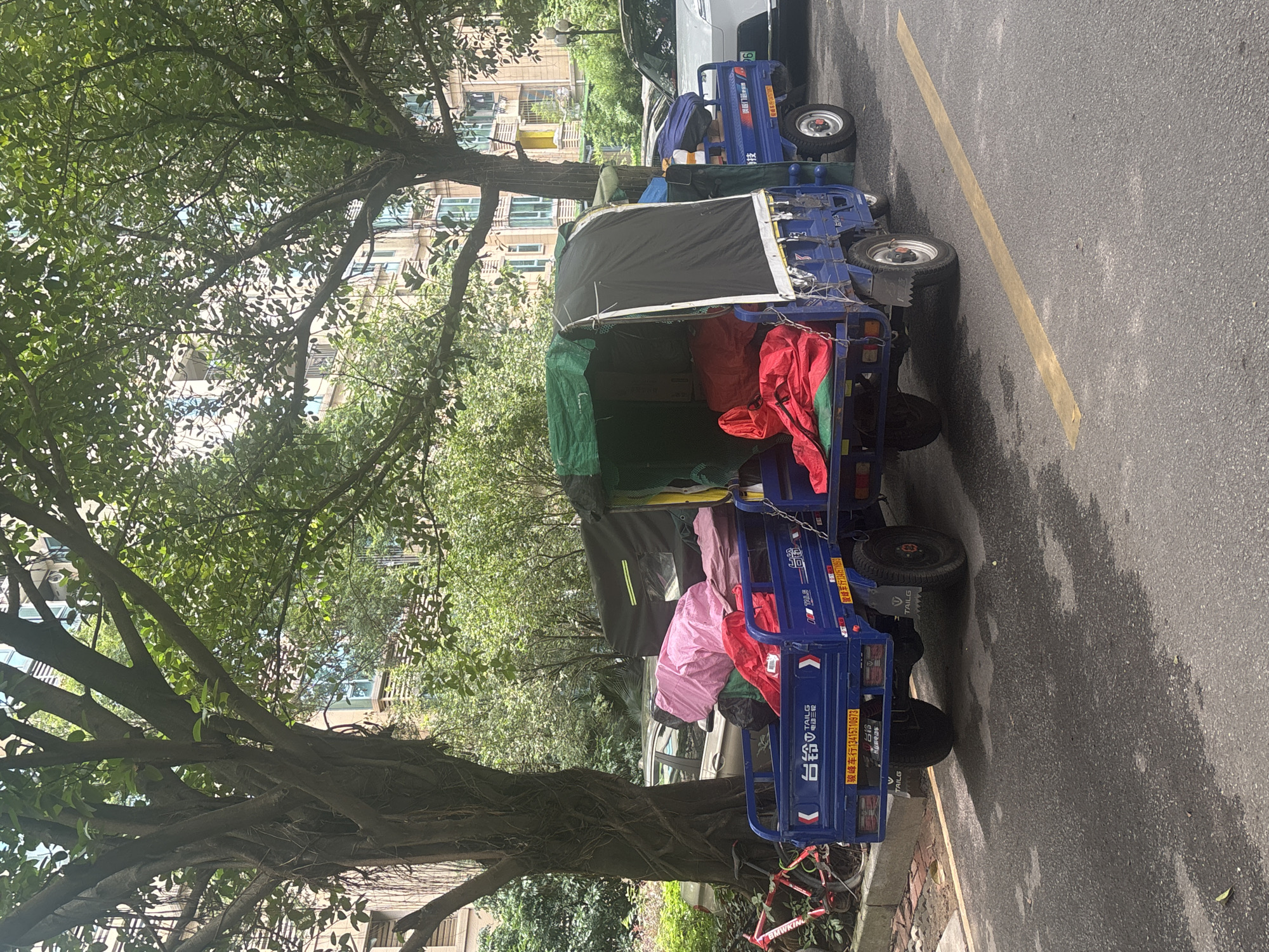 In Nanhai District, China, two blue motorized three-wheeled cargo vehicles are parked side-by-side on an asphalt road. The vehicles are laden with large bundles of fabric, predominantly red and pink, covered by a dark tarp on the rear vehicle and a green tarp on the front vehicle. A bicycle with red accents is leaning against a wall to the left of the vehicles. Tall trees with dense green foliage overhang the scene, and apartment buildings are visible in the background. The ground is wet in patches.