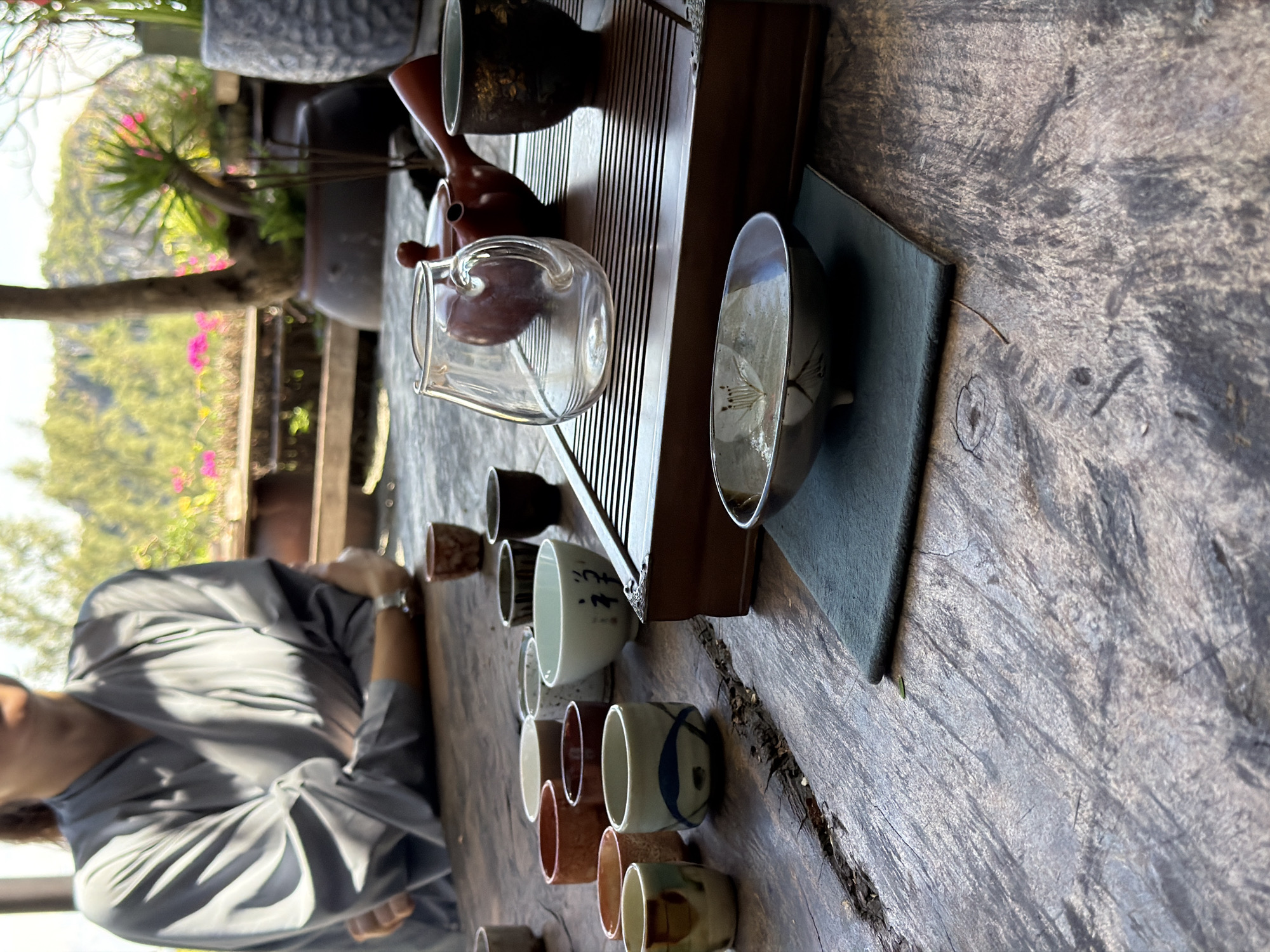 The scene depicts a tea ceremony in progress, likely outdoors, on a heavily textured wooden table. A person wearing a gray top with long sleeves is seated at the table.
Tea paraphernalia is arranged on the table: a tea tray with a black teapot, a reddish-brown teapot, a clear glass pitcher, and a teacup with a flower painted inside. A collection of smaller, empty teacups in various colors and patterns are lined up along the edge of the table.
The background reveals a lush, green landscape with vegetation and a hint of pink flowers, possibly suggesting a botanical garden or park. The light indicates it's either early morning or late afternoon.
While it cannot be definitively stated this is in Đà Nẵng, Vietnam, based solely on the image, the style of tea ceremony and the vegetation are consistent with Southeast Asian locations, including Đà Nẵng.