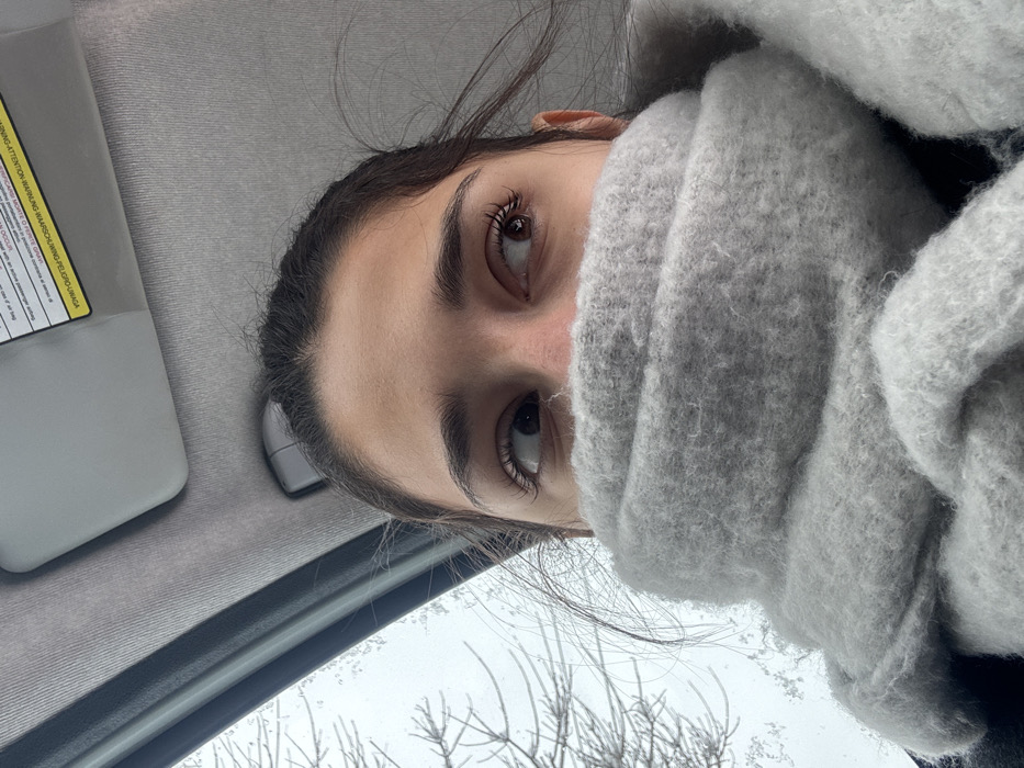 A close-up, upward-angle photograph depicts an individual, presumably female, seated within the passenger compartment of a vehicle in Cibukovac, Serbia. The subject's dark hair is visible at the crown of her head. Her brown eyes, enhanced with mascara on the upper lashes, are directed upwards and towards the viewer's left. The lower half of her face and neck are enveloped and obscured by a thick, light grey, possibly knitted or woven, scarf. The vehicle's light-colored headliner and a partially lowered sun visor with an embedded warning label are visible in the upper frame. Through the vehicle's window on the left, bare tree branches covered with what appears to be light snow or frost are discernible against an overcast sky, suggesting cold outdoor conditions. No direct interaction between subjects is depicted.