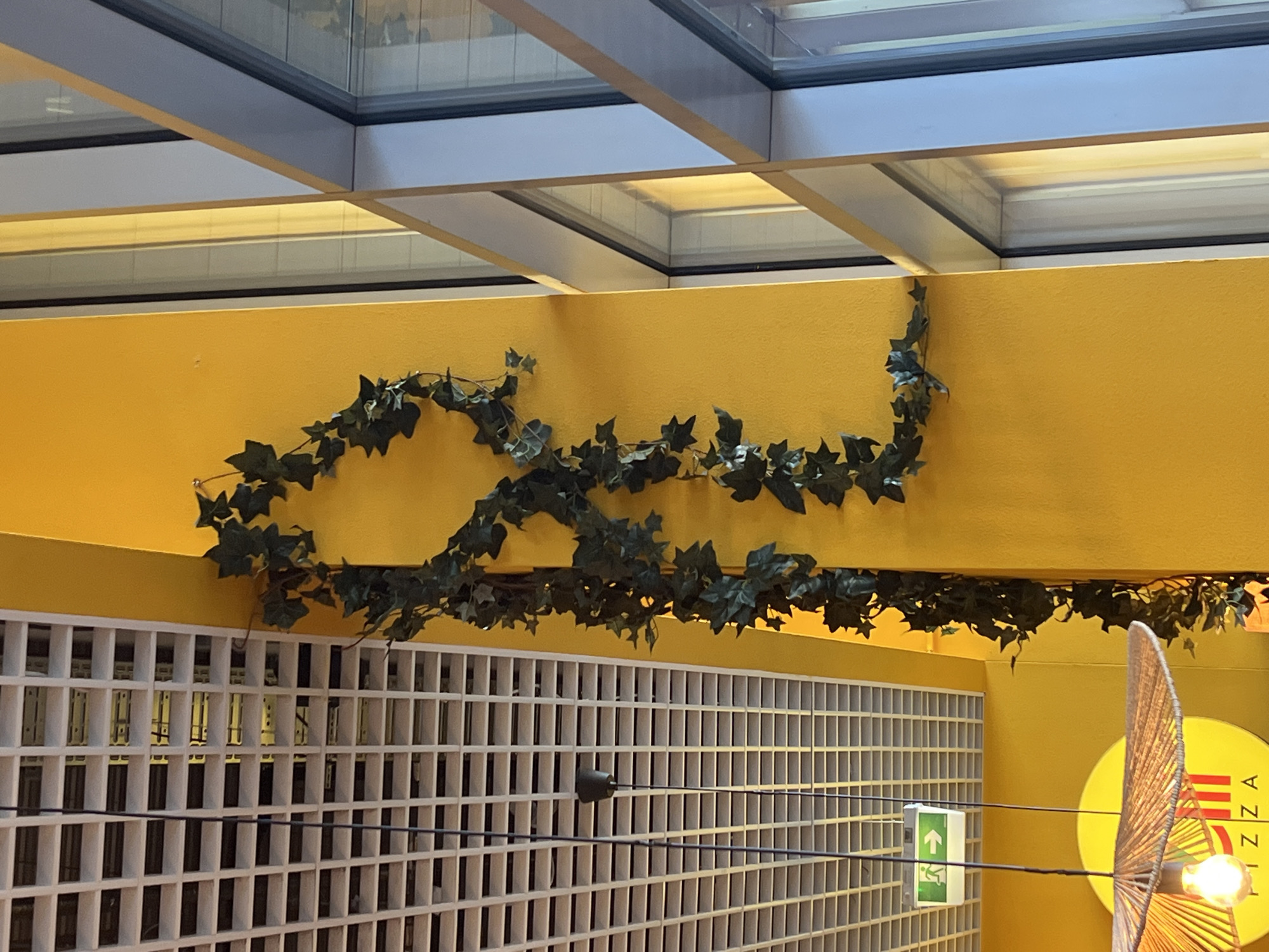 The image depicts an interior scene with a bright yellow wall as the dominant feature, adorned with a cascading artificial ivy plant. To the left, a white tiled ceiling is visible, with a black hanging light fixture and a green emergency exit sign. Below the ceiling, a round yellow sign with red lettering that appears to spell "PIZZA" is partially visible, with a straw-like lampshade and a bare lightbulb hanging above it. To the right of the yellow wall, a large window with a modern frame and reflective glass is present, showing hints of external light and architecture. The overall impression is that of a commercial establishment, possibly a restaurant or cafe, with a decorative and somewhat modern aesthetic. The image does not contain any people or provide any specific clues about the city of Vilnius, Lithuania.