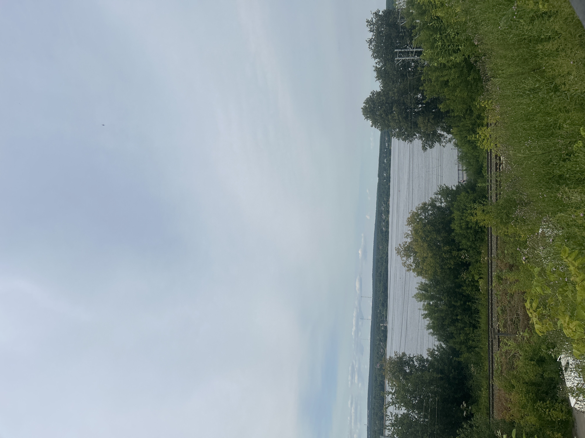 The image depicts a panoramic view of the Kama River in Perm, Russia, taken from a high vantage point. The foreground is dominated by lush green vegetation, including tall grasses and wildflowers, with a railway track running horizontally across the middle ground. Beyond the tracks, a dense line of trees forms a verdant border along the riverbank. The Kama River itself is wide and calm, reflecting the overcast sky. In the distance, the opposite bank of the river is visible, characterized by a low-lying landscape covered in trees and dotted with scattered buildings and several tall radio towers or communication masts. The sky is a pale, cloudy grey, suggesting a temperate or overcast day. No people or specific actions are discernible in the scene.
